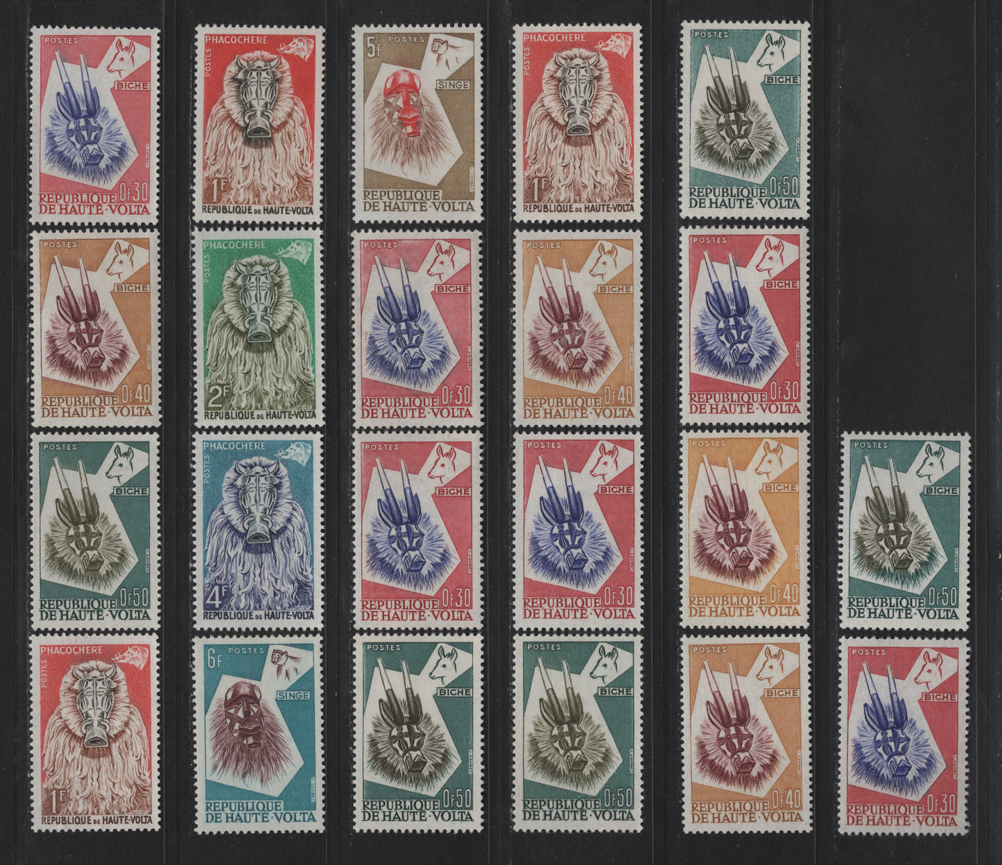 Lot 159 Upper Volta SC#71-78 30c - 6fr Rose & Violet - Greenish Blue & Violet Brown Animal Masks, 1960 Animal Mask Issue, 22 VFOG/NH Singles, Dull Fluorescent, Fluorescent, Medium Fluorescent, High Fluorescent, HB Papers