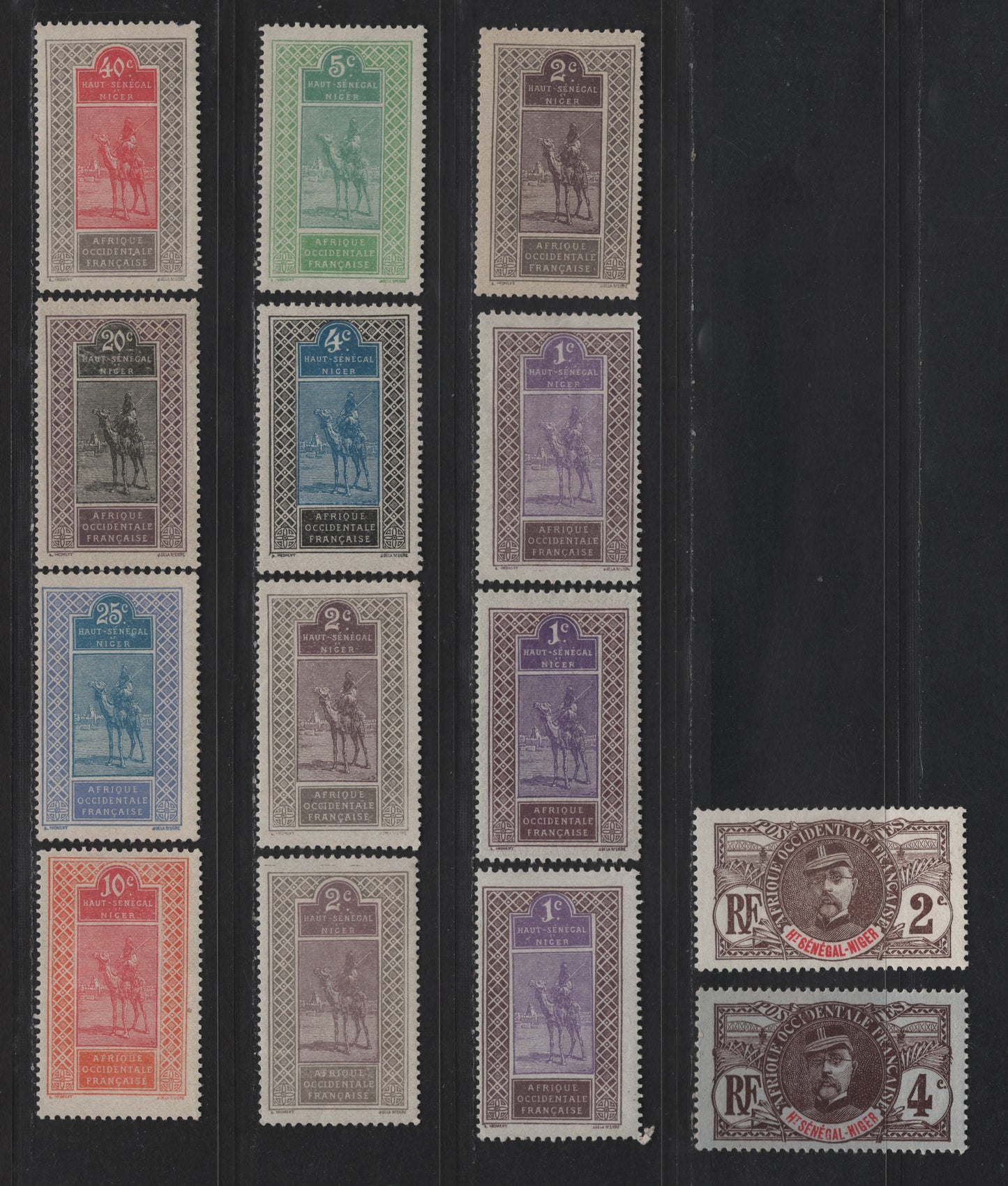 Lot 161 Upper Senegal & Niger SC#2-3, 18-21, 28 2c - 40c Brown & Red - Gray & Carmine Rose Gen. Louis Faidherbe - Camel With Rider, 1906-1917 Definitive Issues, 14 F/VFOG Singles, With Additional Shades