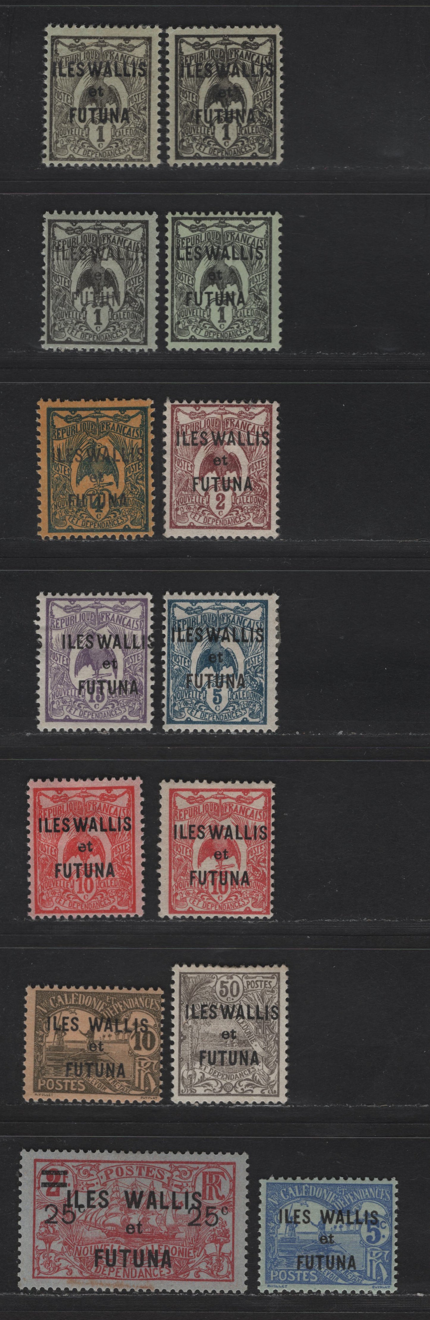 Lot 162 Wallis & Futuna Island SC#1-3, 5-6, 9, 22, 33, J1-J2 1c - 10c Black on Green - Brown on Buff Deer - Numerals, 1920-1928 Overprinted & Postage Dues, 14 F/VFOG Singles
