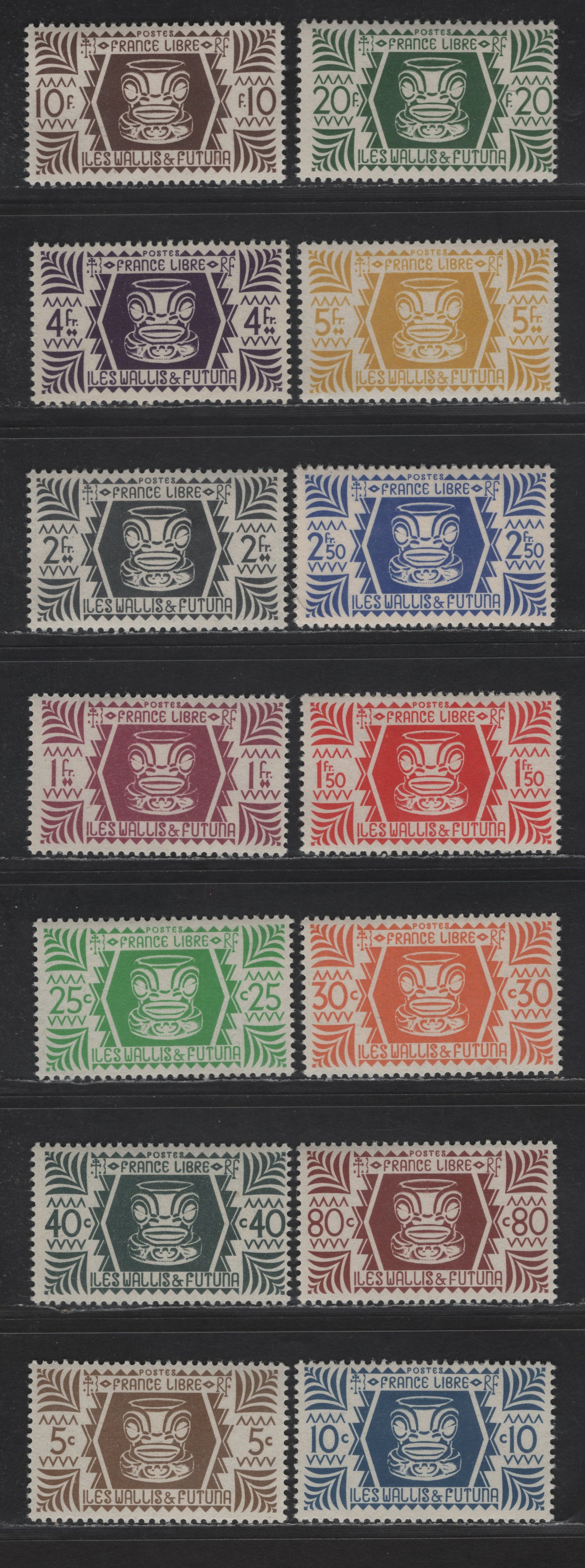Lot 165 Wallis & Futuna Island SC#127-140 5c - 20fr Brown - Deep Green Ivi Poo Bone Carving, 1944 Pictorial Definitive Issue, 14 VFOG Singles