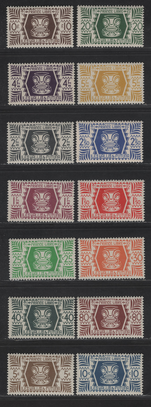 Lot 165 Wallis & Futuna Island SC#127-140 5c - 20fr Brown - Deep Green Ivi Poo Bone Carving, 1944 Pictorial Definitive Issue, 14 VFOG Singles