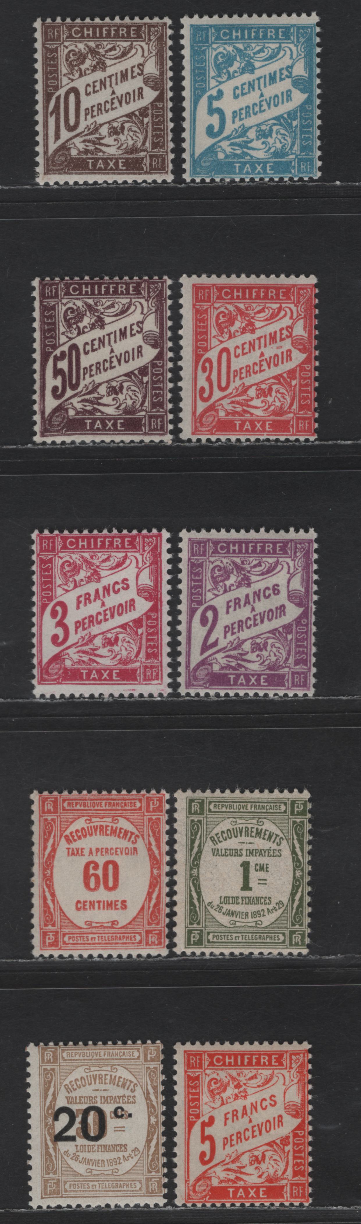 Lot 175 France SC#J29-J30, J34, J38, J44-J46, J51-J52 5c - 5fr Blue - Red Numeral & Banner, 1893-1941 Postage Dues, 10 FOG Singles
