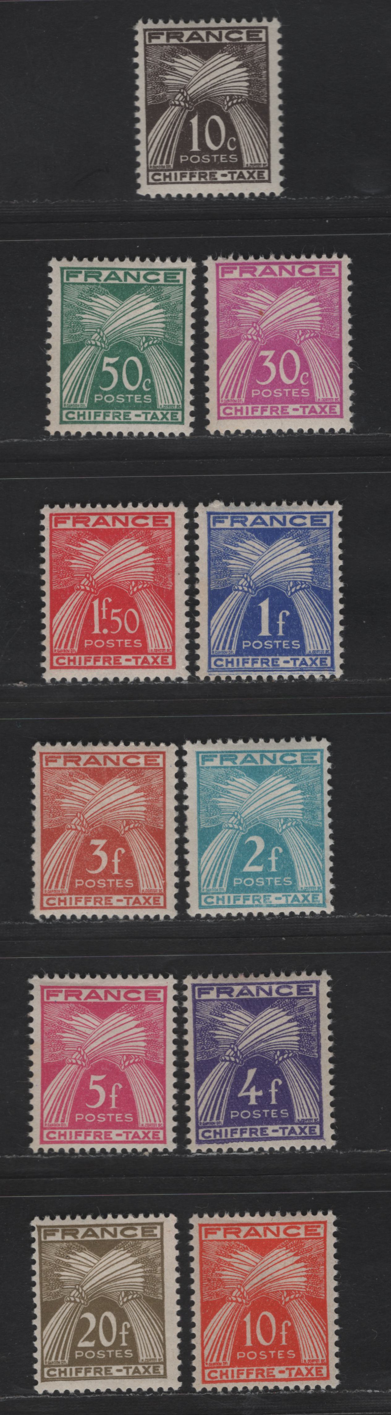 Lot 186 France SC#J69-J79 10c - 20fr Sepia - Olive Bistre Sheaf of Wheat, 1943-1946 Postage Dues, 11 F/VFOG Singles, Inscribed Chiffre -Taxe