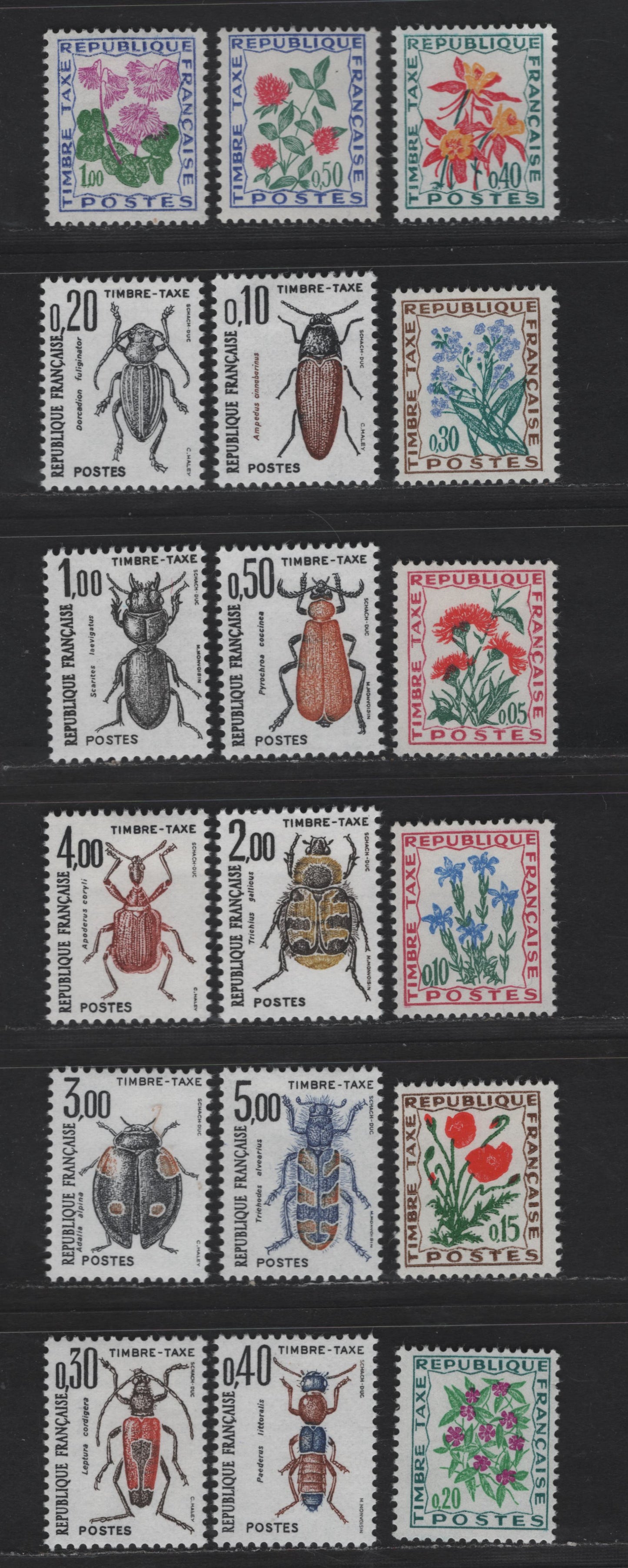 Lot 190 France SC#J98-J115 5c - 5fr Multicolored Centuary - Trichodes Alvearius, 1964-1983 Postage Dues, 18 F/VFOG Singles, Paper Varieties
