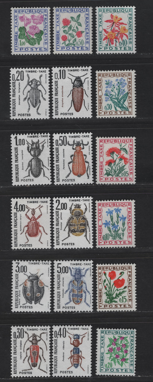 Lot 190 France SC#J98-J115 5c - 5fr Multicolored Centuary - Trichodes Alvearius, 1964-1983 Postage Dues, 18 F/VFOG Singles, Paper Varieties