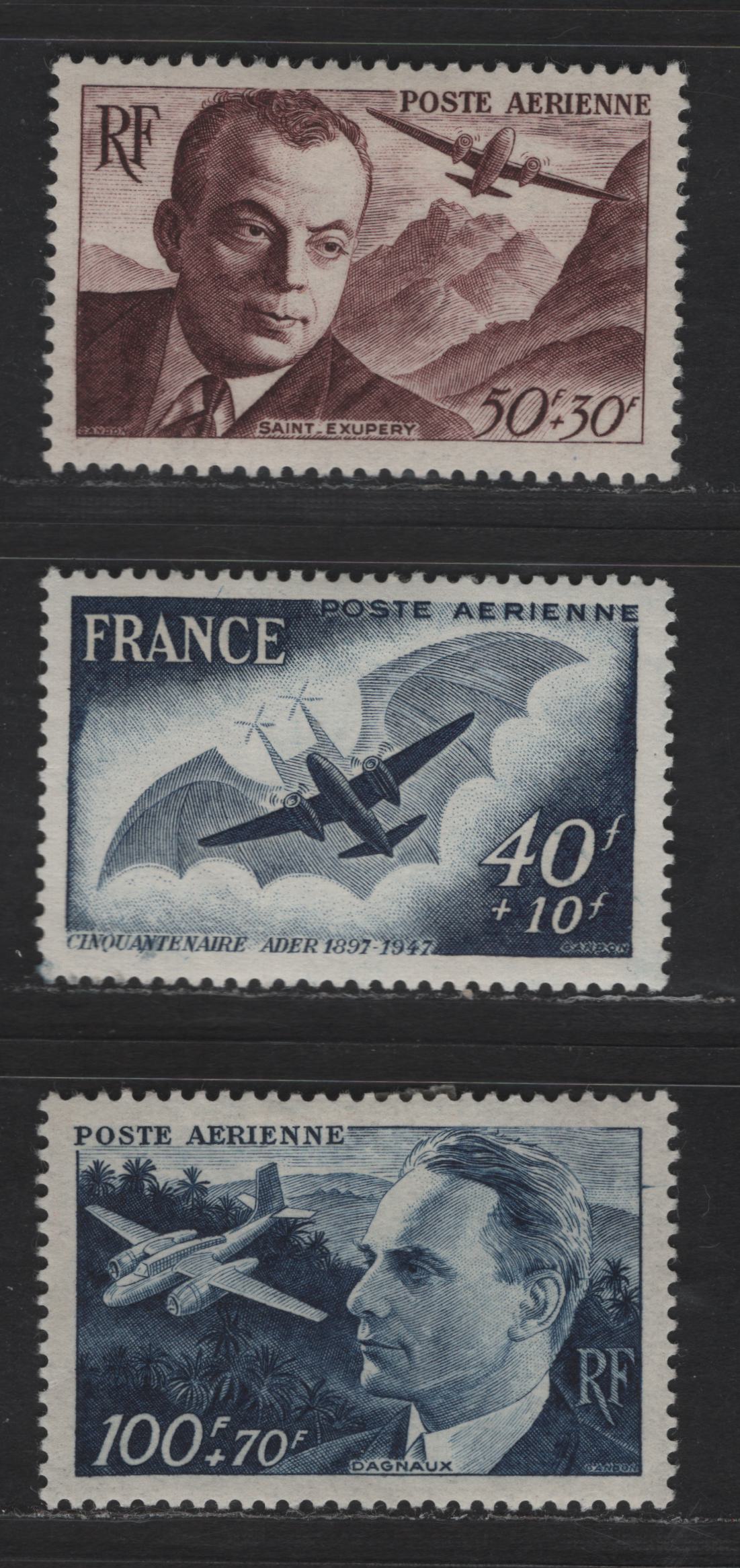 Lot 193 France SC#CB1-CB3 50fr+30fr - 40fr+10fr Violet Brown - Dark Blue Antoine de Saint-Exupery - Modern Plane and Ader's 'Eole', 1948 Airmail Semi Postal Issues, 3 VFOG Single