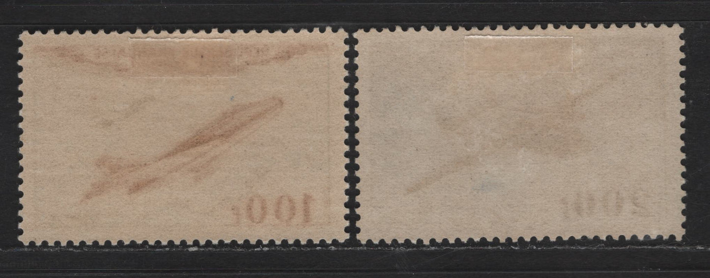 Lot 197 France SC#C29-C30 100fr - 200fr Red Brown & Blue - Black Brown & Violet Blue Jet Plane, Mystere IV, 1954 Airmail Issue, 2 VFOG Singles, Dull Fluorescent Paper