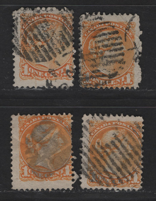 Canada #35a 1c Orange Queen Victoria, 1870-1893 Small Queen Issue, 5 Ungraded Used Singles, Reference Lot, Generally VG or Good, Various Paper Types, Perf 12