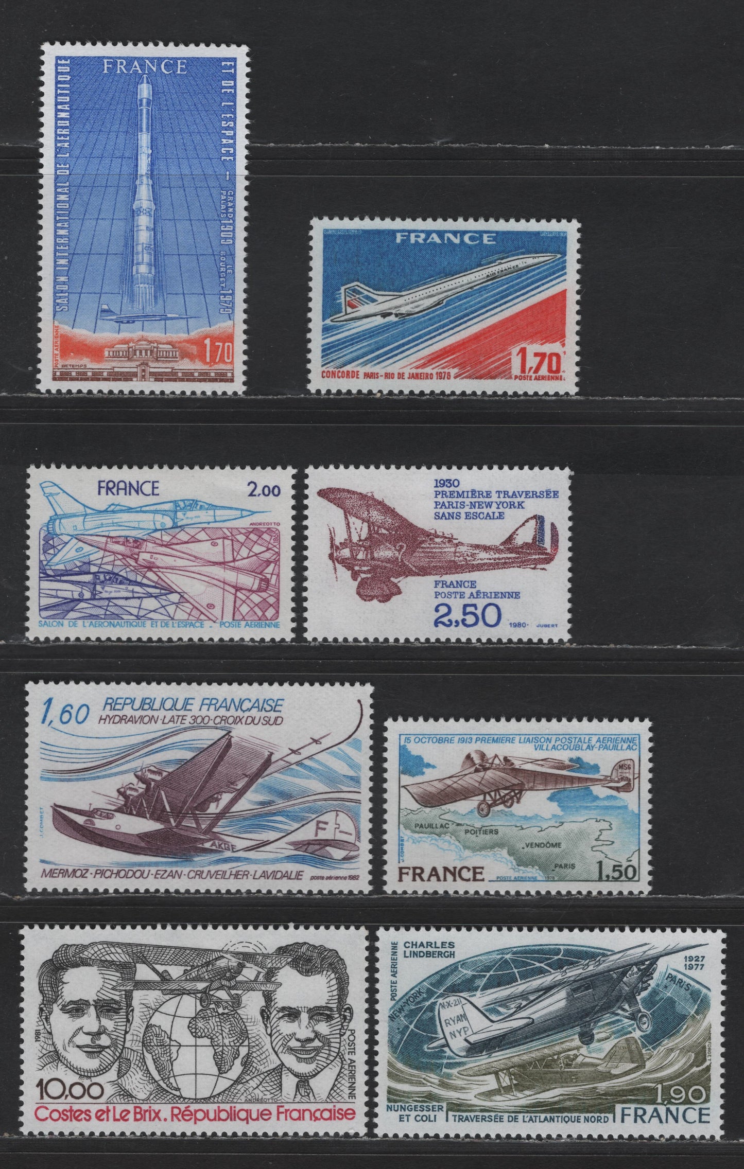 Lot 204 France SC#C48-C55 1.70fr - 1.60fr Multicolored Concorde - Seaplane Late-300, 1976-1982 Airmail Issue, 8 VFOG Singles, HF & HB Papers