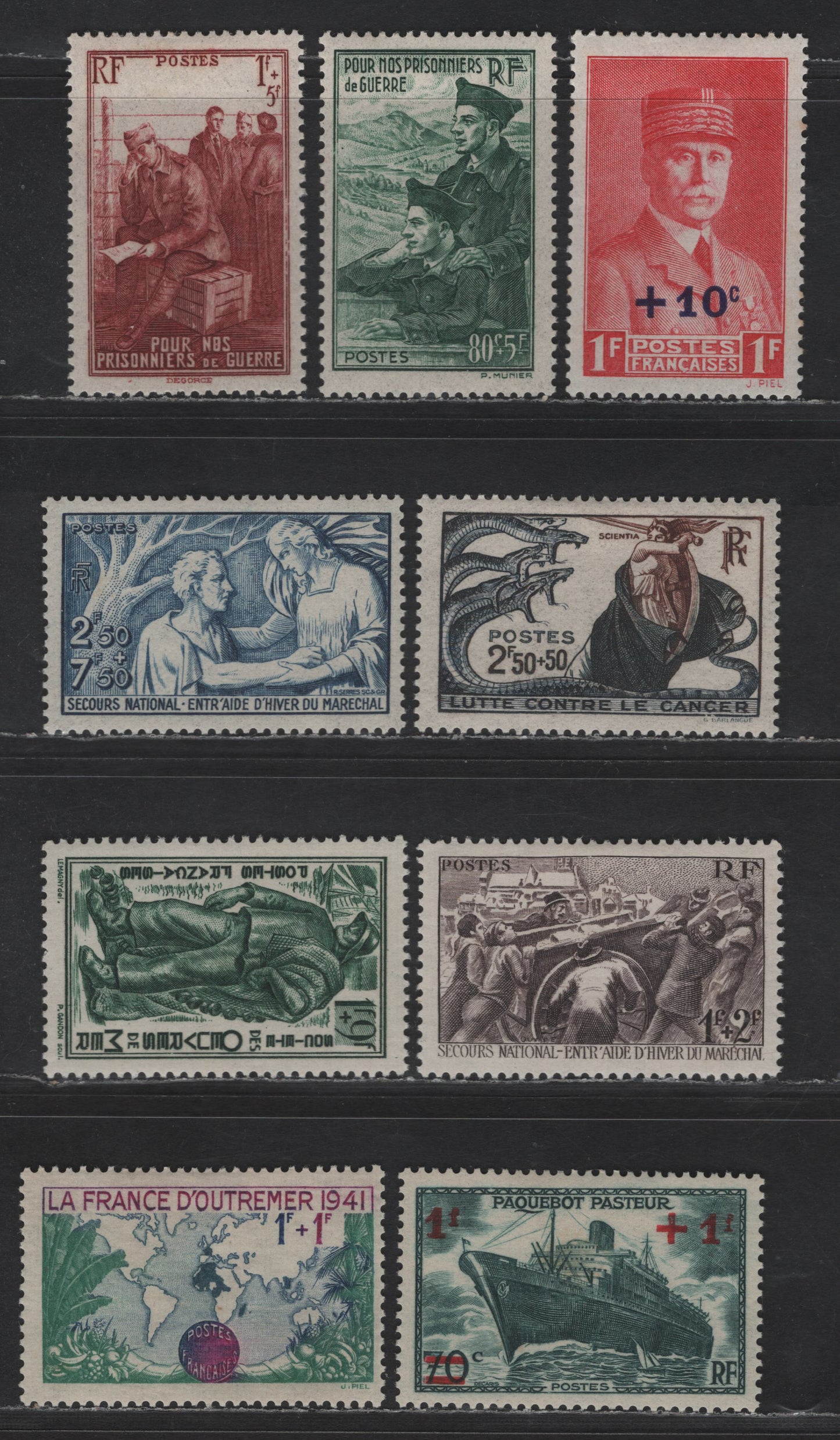 Lot 208 France SC#B108-B116 80c+5fr - 1fr-9fr Dark Green - Dark Blue Green Prisoners of War - Fisherman, 1941 Semi Postal Issues, 9 VFOG Singles