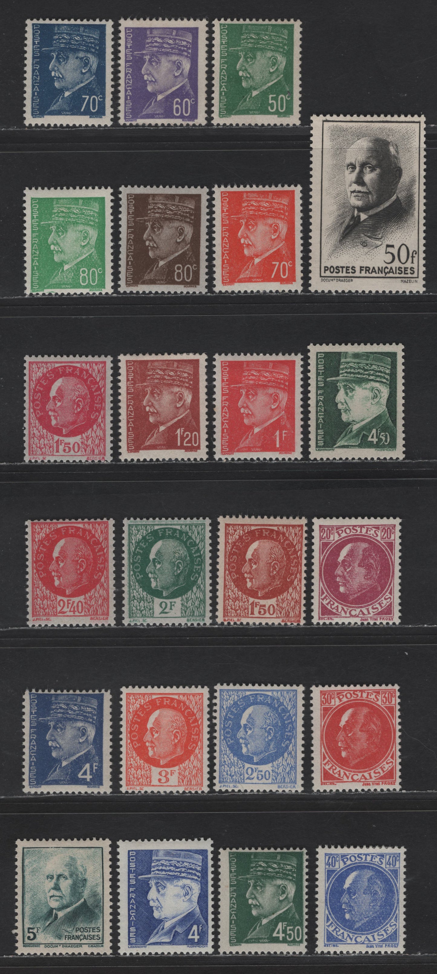 Lot 210 France SC#427-451 20c - 50fr Lilac - Black Marshal Petain, 1941-1942 Marshal Petain Definitive Issue, 21 VFOG Singles