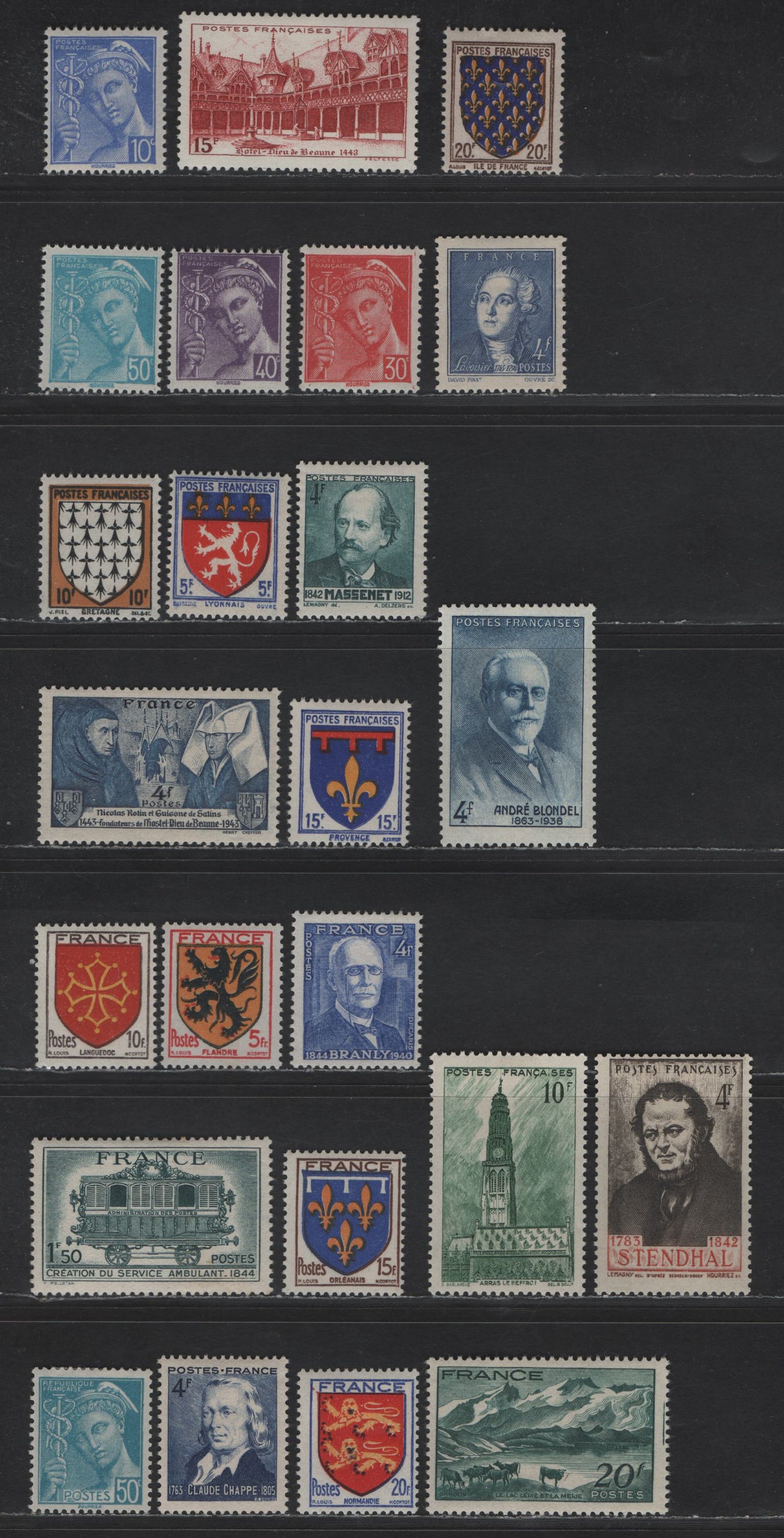 Lot 211 France SC#366, 423, 452-472, 474 50c - 4fr Greenish Blue - Dark Ultramarine Mercuty - Clavole Chappe, 1942-1944 Pictorial Definitive Issues, 24 VFOG Singles
