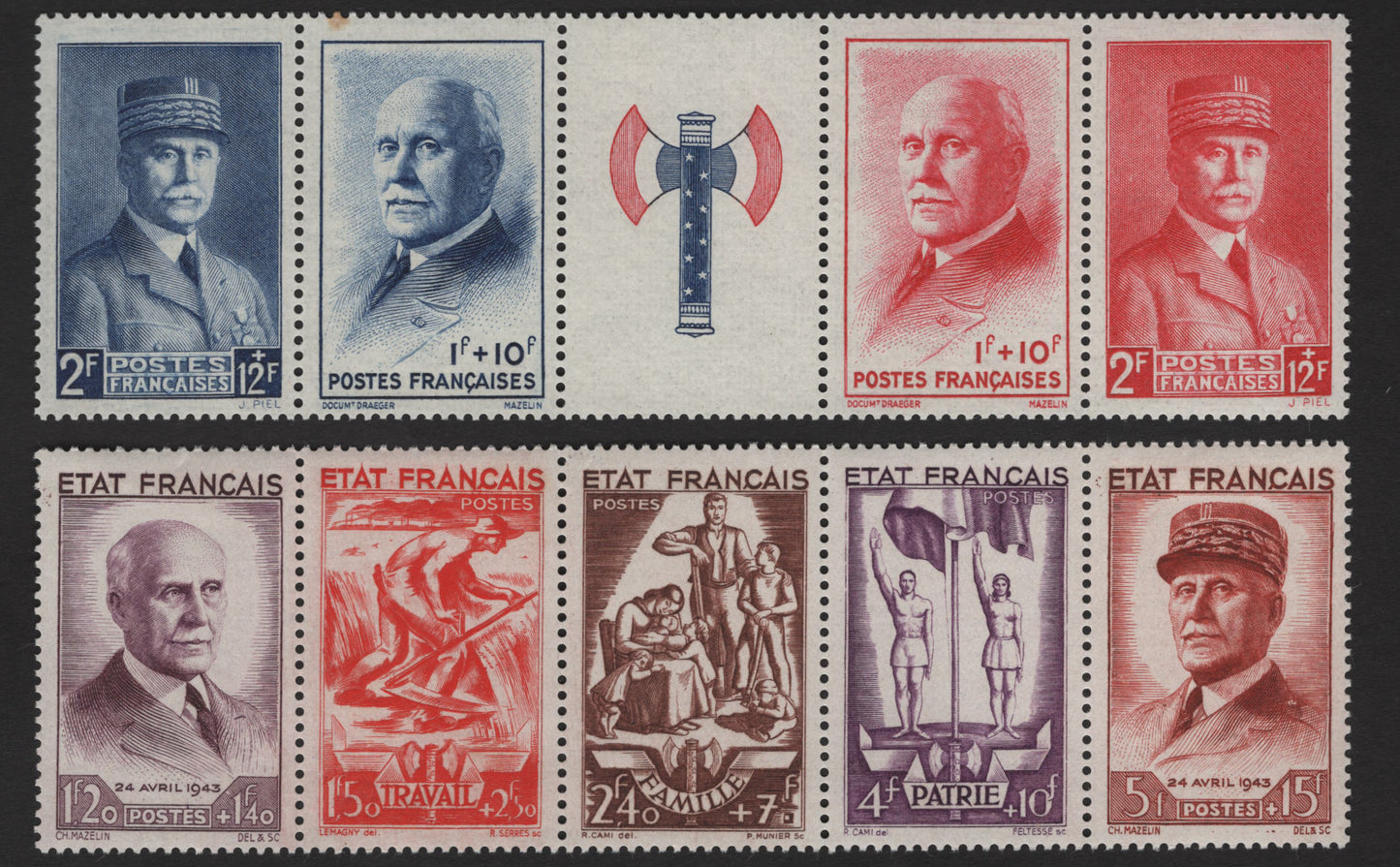 Lot 215 France SC#B152a, B157a 1fr+10fr - 5fr+15fr Rose Red - Red Brown Marshal Petain, 1943 Semi Postal Issues, 2 F/VFOG Strips Of 5, One Toned Perf At Top