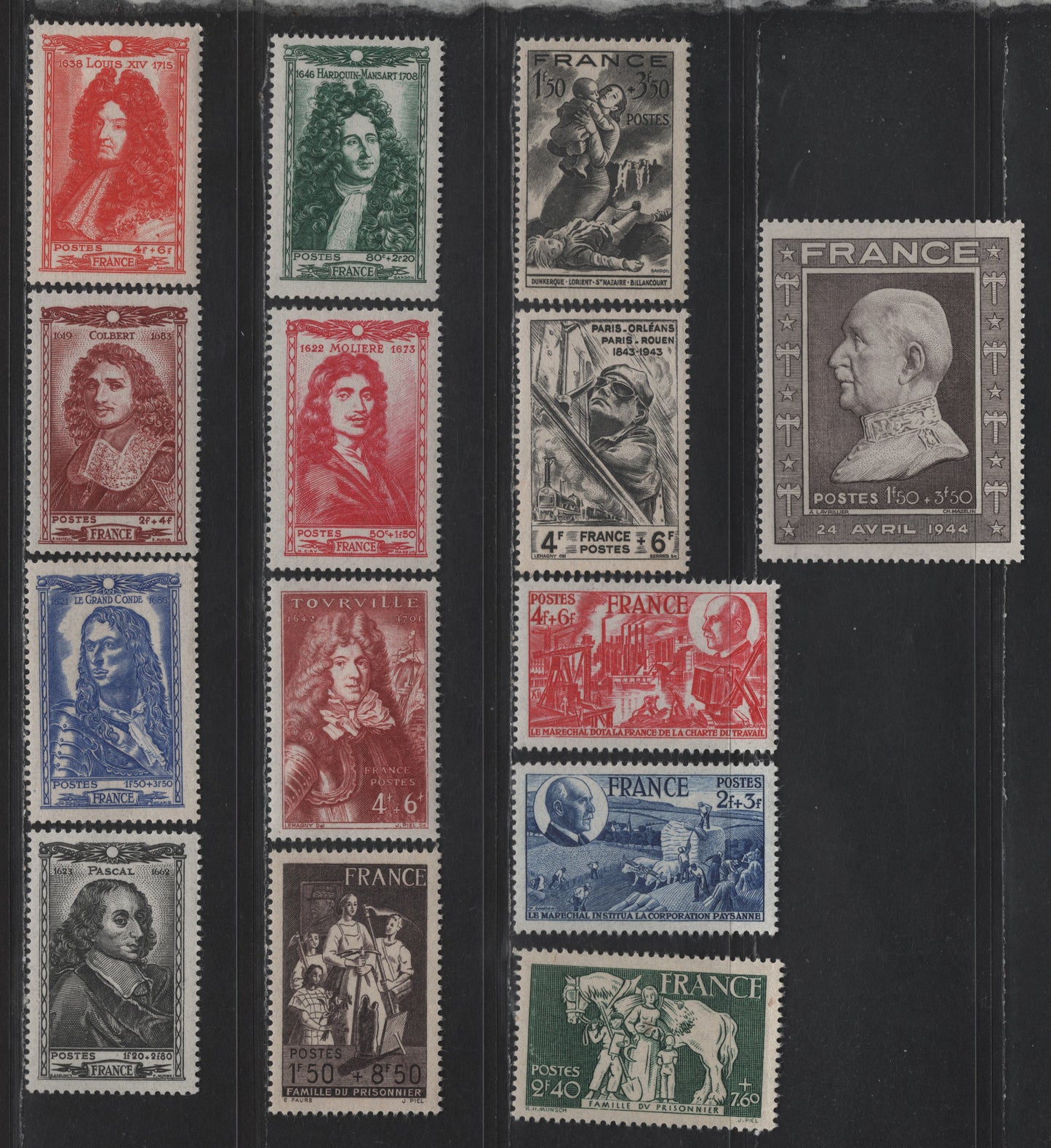 Lot 216 France SC#B158-B160, B173-B184 1.5fr+3.5fr - 4fr+6fr Black - Red Civilians under Air Attack - Moliere, 1943-1944 Semi Postal Issues, 14 VFOG Singles