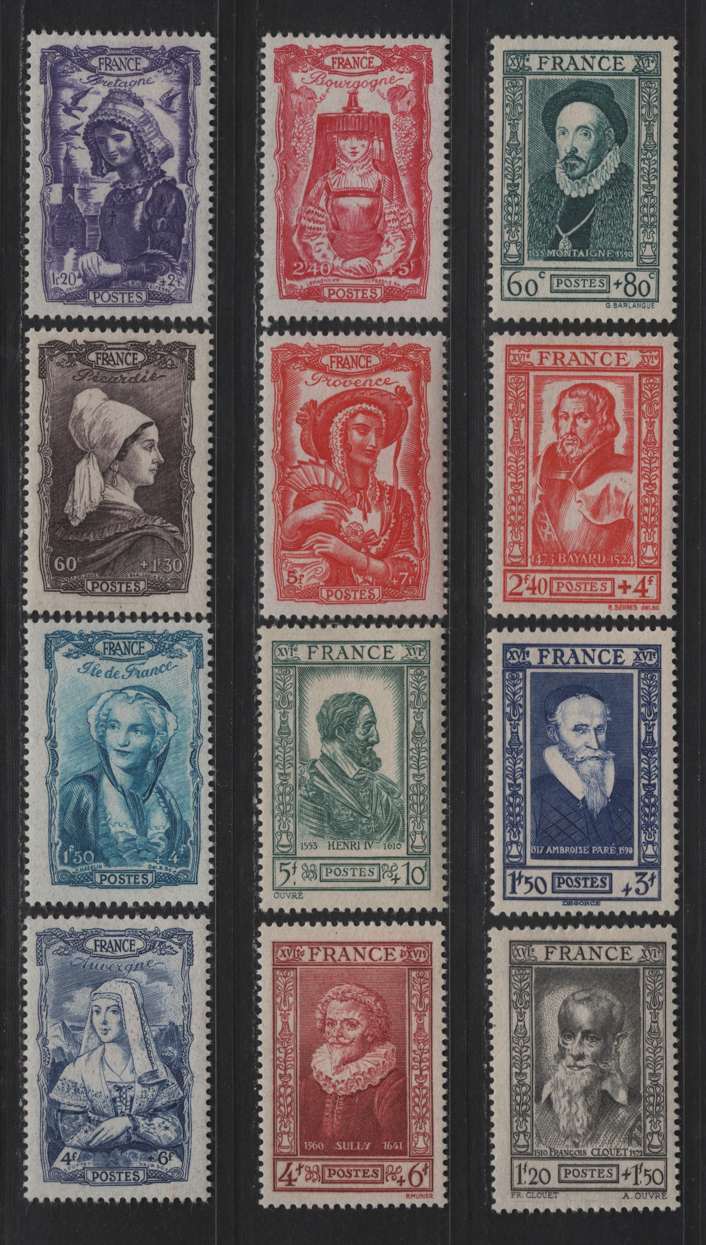 Lot 217 France SC#B161-B172 60c+80c - 5fr+7fr Prussian Green - Red 16th Century Frenchmen - Provence, 1943 Semi Postal Issues, 12 VFOG Singles
