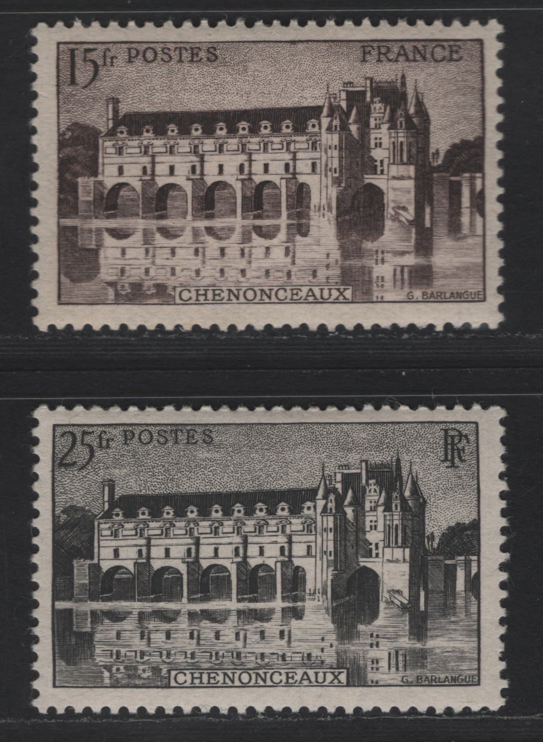 Lot 218 France SC#473a, 496 15fr - 25fr Black Brown - Black Chateau de Chenonceaux, 1944 Definitive Issues, 2 VFOG Singles