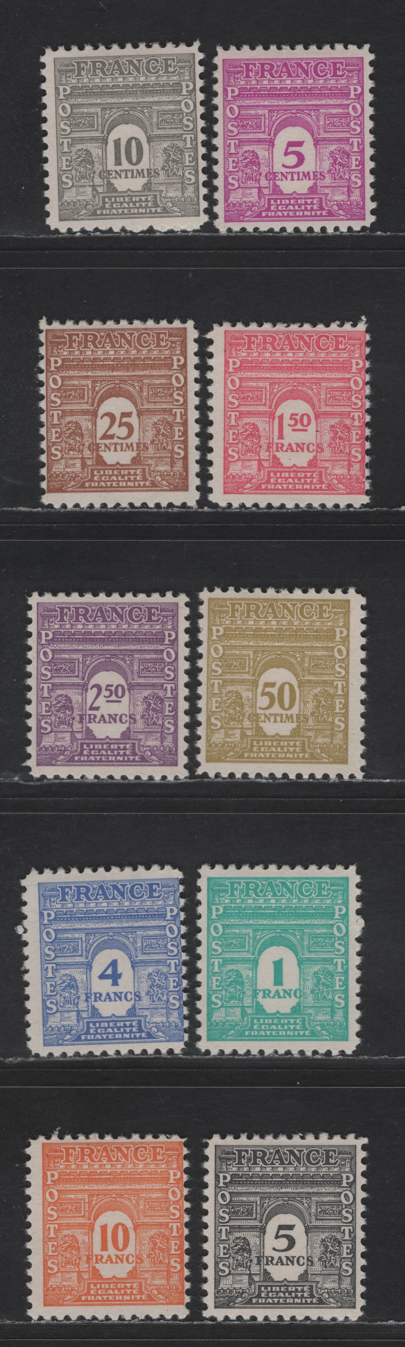 Lot 219 France SC#475-476H 5c - 10fr Bright Red Violet - Orange Arc de Triomphe, 1944 Pictorial Definitive Issue, 10 F/VFOG Singles