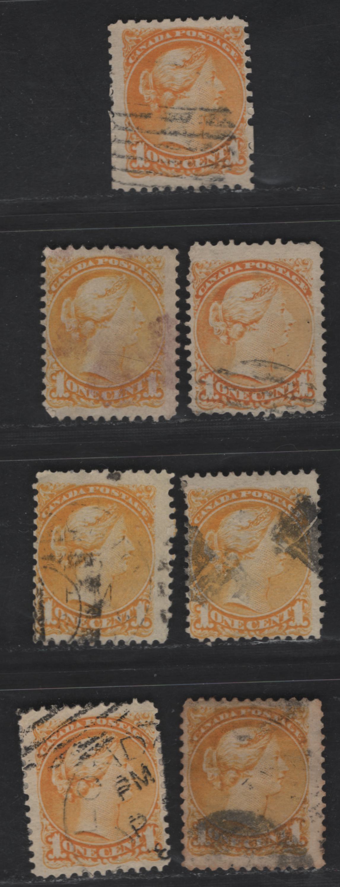 Lot 270 Canada #35i 1c Deep Bright Yellow - Yellow Queen Victoria, 1870-1893 Small Queen Issue, 5 Very Good/Fine Used Singles, Late Montreal Printings, Shade Study Lot Without Respect To Paper, Without Plate Dots