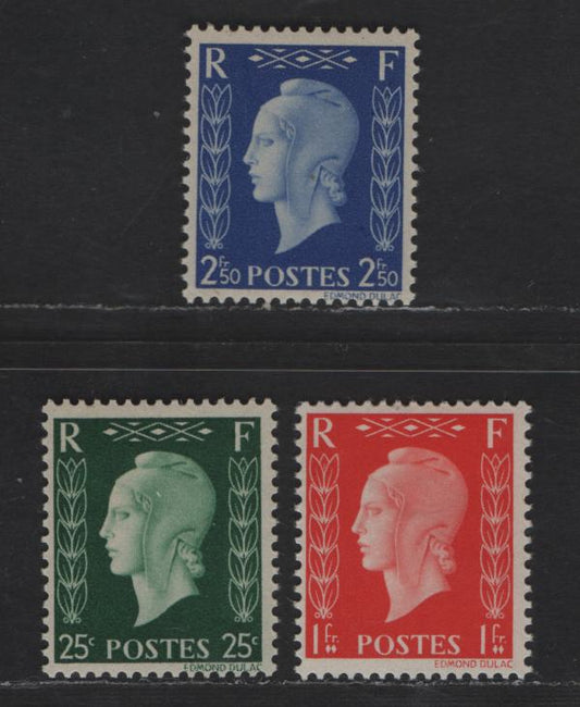 Lot 183 France SC#Unlisted 25c - 2.50fr Green - Deep Ultramarine Marianne, 1945 Photogravure Pictorial Issue, 3 F/VFOG Singles, Unissued, Printed In England, Footnoted In Scott