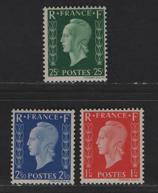 Lot 183 France SC#Unlisted 25c - 2.50fr Green - Deep Ultramarine Marianne, 1945 Photogravure Pictorial Issue, 3 F/VFOG Singles, Unissued, Printed In England, Scarcer Set Inscribed 'France', Footnoted In Scott