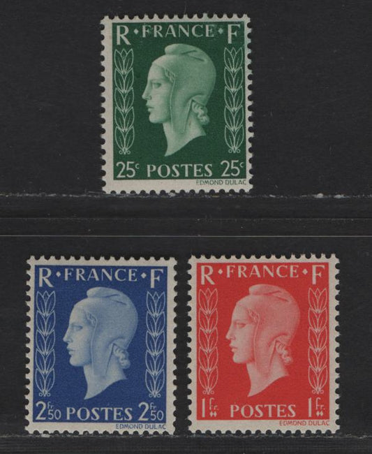 Lot 183 France SC#Unlisted 25c - 2.50fr Green - Deep Ultramarine Marianne, 1945 Photogravure Pictorial Issue, 3 F/VFOG Singles, Unissued, Printed In England, Scarcer Set Inscribed 'France', Footnoted In Scott