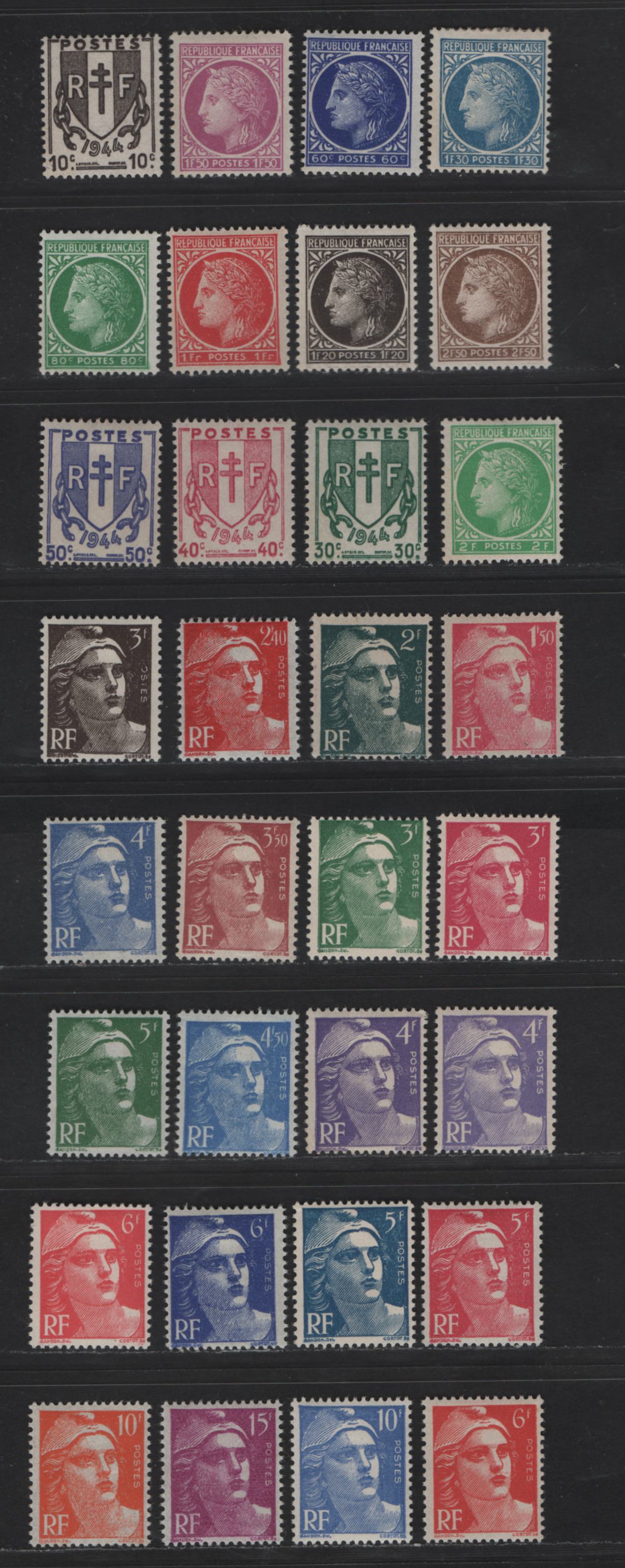 Lot 224 France SC#521-547 10c - 15fr Brown Black - Bright Red Violet Arms, Ceres & Marianne, 1945-1947 Definitive Issues, 32 F/VFOG Singles