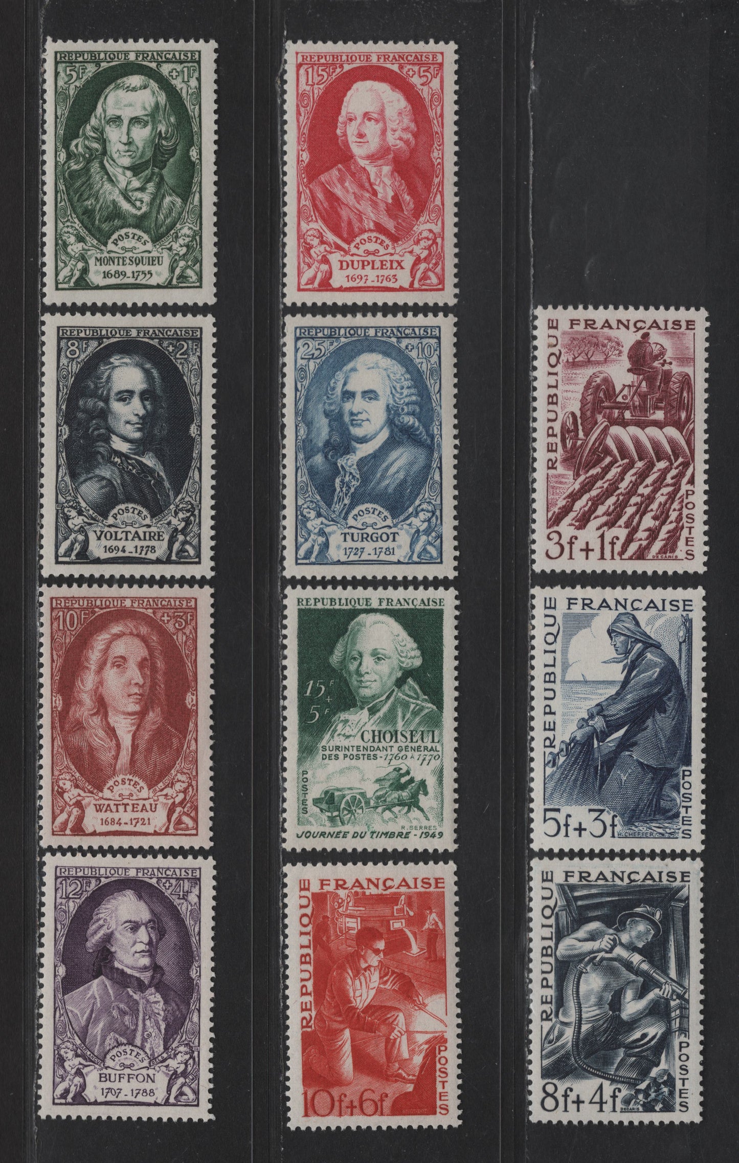 Lot 233 France SC#B233-B243 3fr+1fr - 2.5fr+10fr Claret - Ultramarine Farmer - Baron de la Brede et de Montesquieu, 1949 Semi Postal Issues, 11 VFOG Singles
