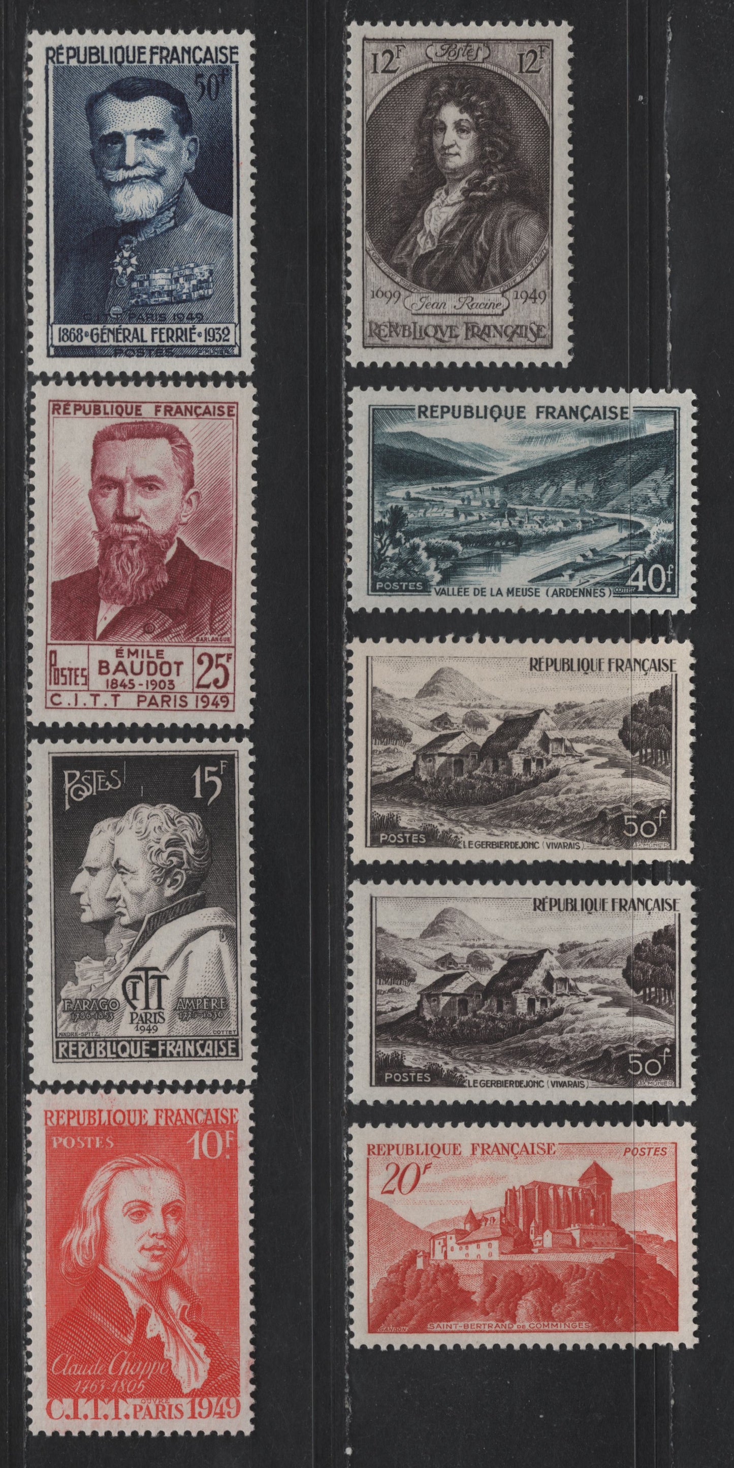 Lot 236 France SC#625-632 10fr - 50fr Vermillion - Sepia Claude Chappe - Mt. Gerbier de Jonc, Vivarais, 1949 Int'l Telephone/Telegraph Conference - Scenic Views Issues, 9 VFOG Singles, Includes 2 Shades of #632