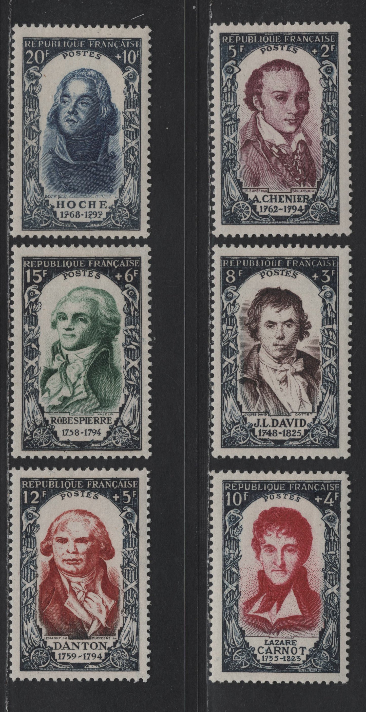 Lot 239 France SC#B249-B254 5fr+2f - 20fr+10fr Brown Violet - Dark Violet , 1950 Semi Postal Issue, 6 VFOG Singles