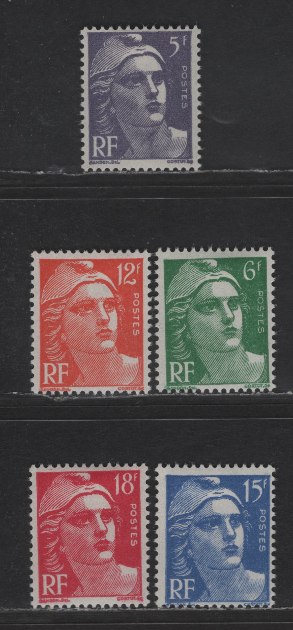 Lot 241 France SC#650-654 5fr - 18fr Dull Violet - Cerise Marianne, 1951 Marianne Issue, 5 F/VFOG Singles