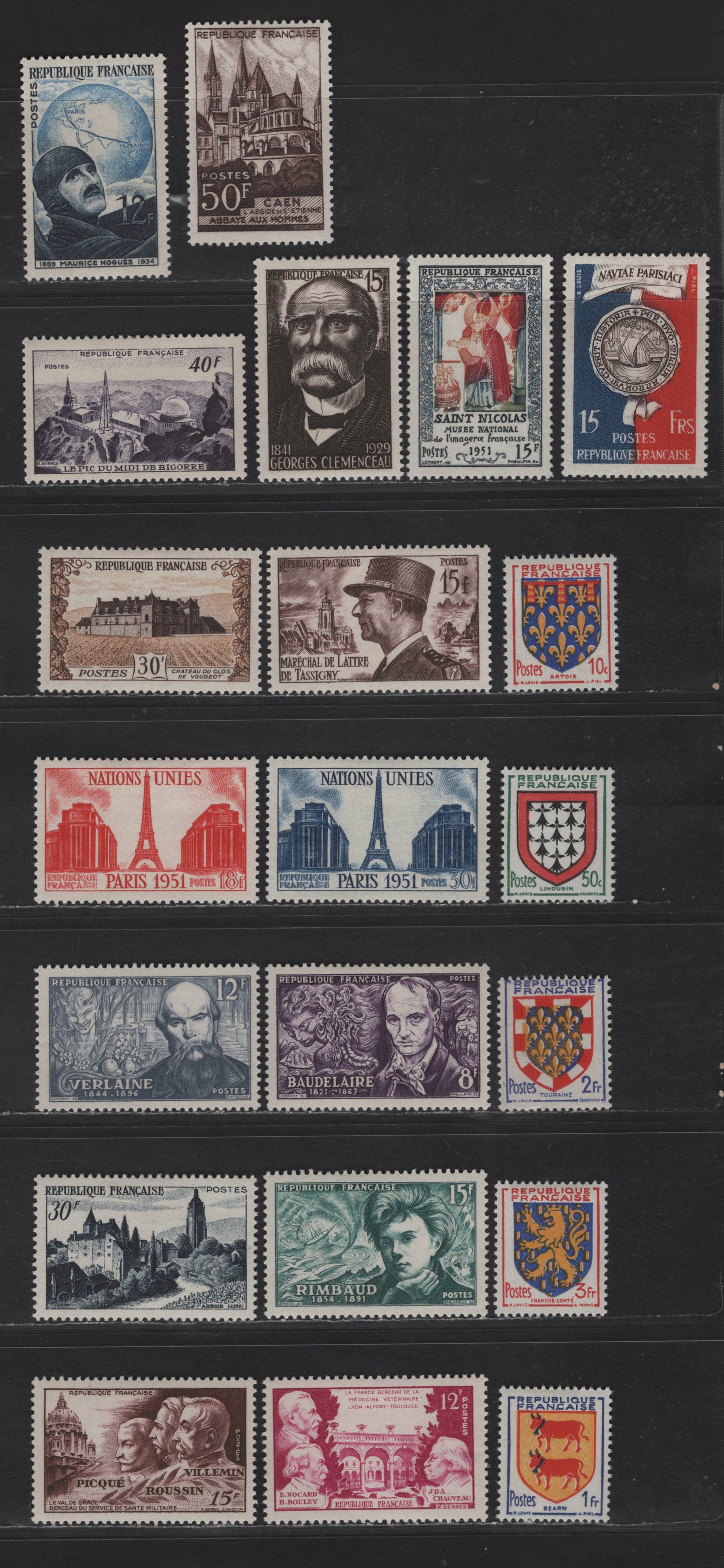 Lot 242 France SC#655-675 12fr - 15fr Red Violet - Violet Brown Professors - Marshal Jean de Lattde de Tassigny, 1951-1952 Veterinary Medicine - De Lattre, 21 VFOG Singles, DF Paper
