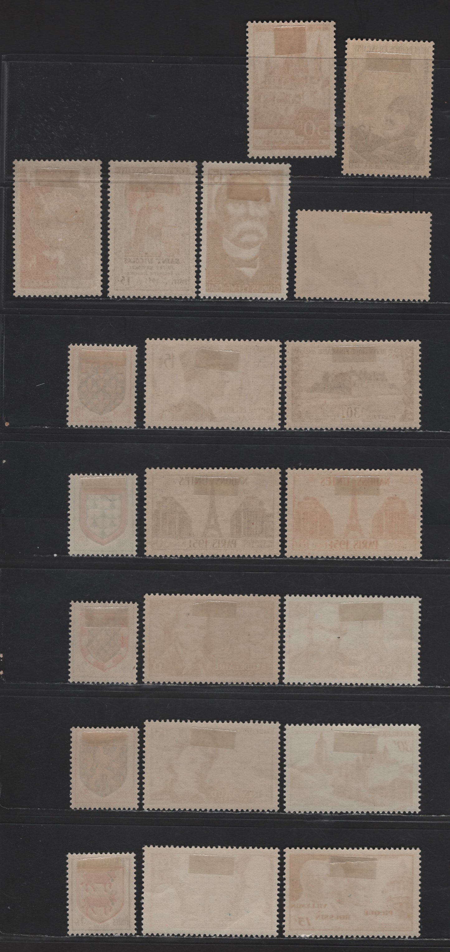Lot 242 France SC#655-675 12fr - 15fr Red Violet - Violet Brown Professors - Marshal Jean de Lattde de Tassigny, 1951-1952 Veterinary Medicine - De Lattre, 21 VFOG Singles, DF Paper