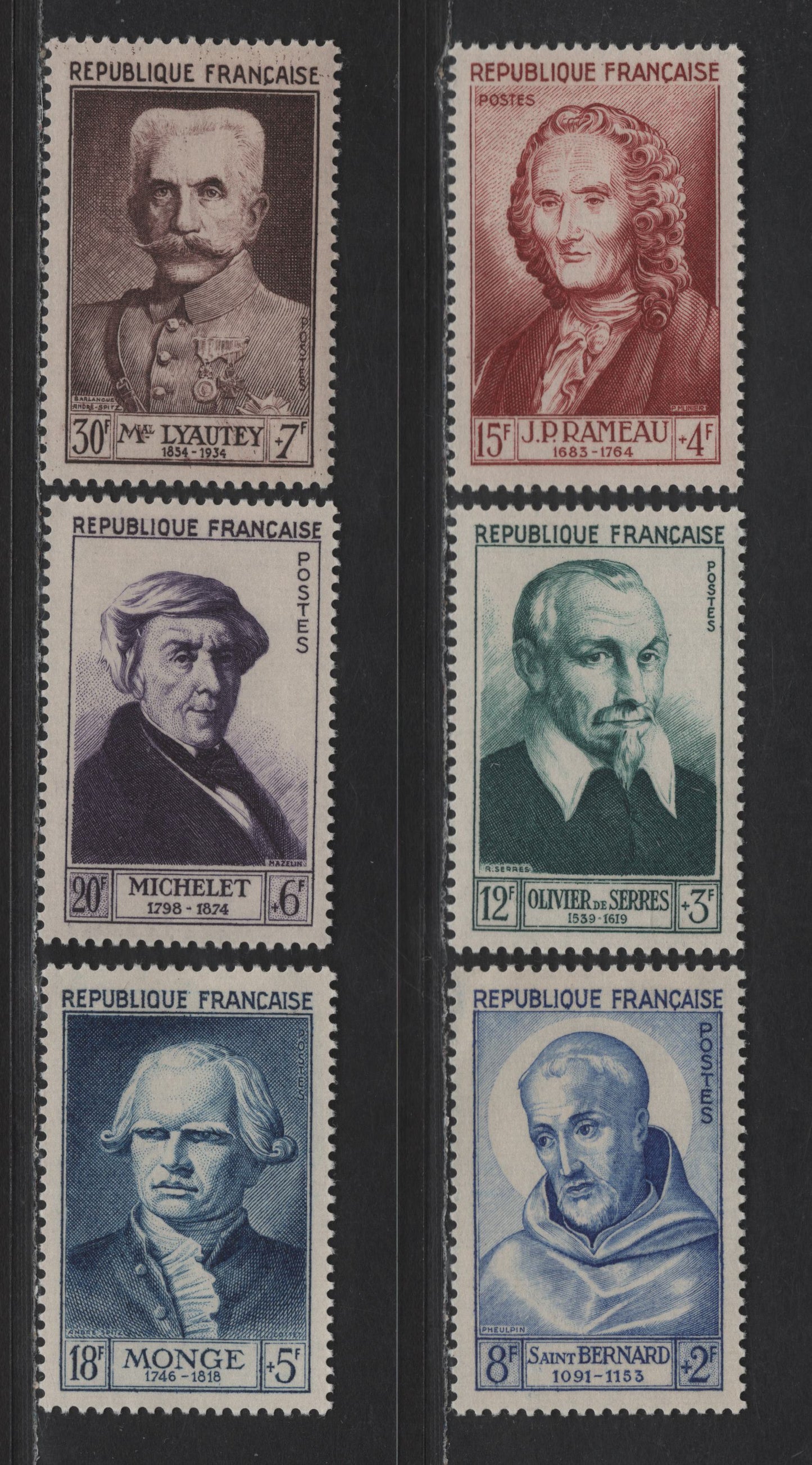 Lot 247 France SC#B276-B281 8fr+2fr - 30fr+7fr Ultramarine - Brown St. Bernard - Marshal Hubert Lyautey, 1953 Semi Postal Issue, 6 VFOG Singles, DF Paper