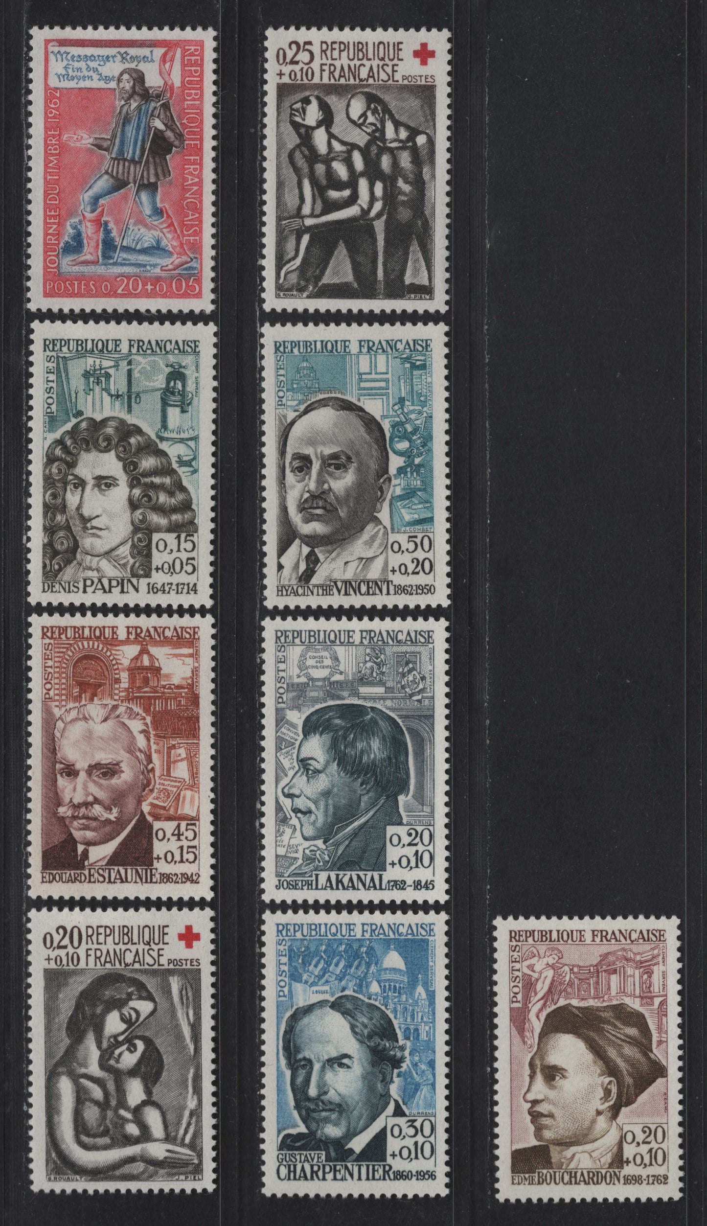 Lot 284 France SC#B356-B364 20c+10c - 50c+20c Brown, Black & Red - Greenish Blue & Black 'Love' - Denis Papin, Scientist, 1961-1962 Red Cross - Portraits Semi Postals, 9 VFOG Singles, LF & HB Papers