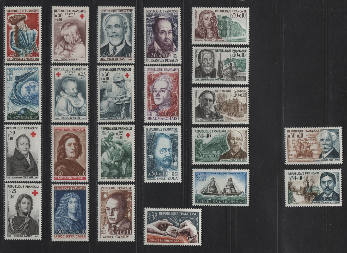 Lot 293 France SC#B385-B407 20c+10c - 30c+10c Black - Brown & Dull Claret Cross - Emile Zola, 1964-1967 Semi Postals, 23 VFOG Singles, DF, LF, MF, HF & HB Papers