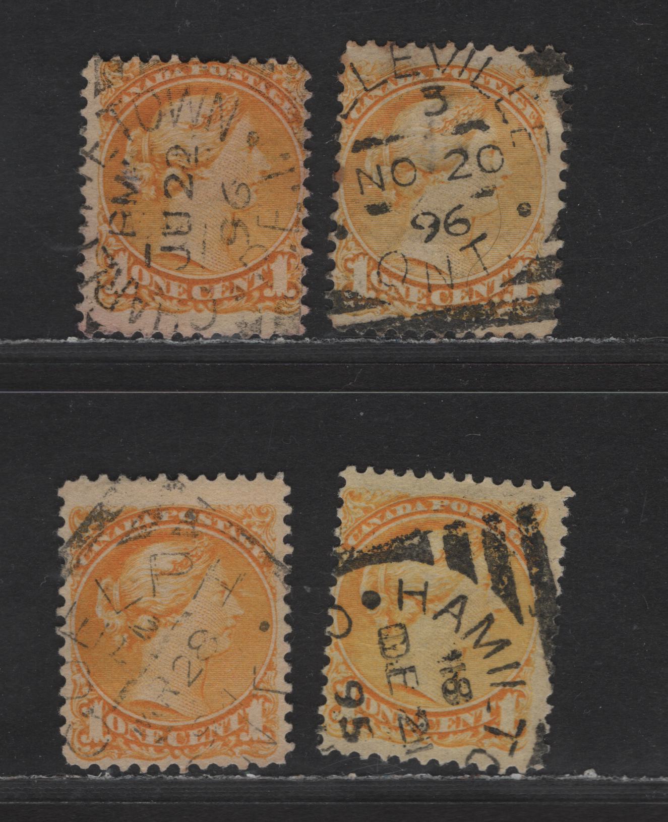 Lot 309 Canada #35 1c Yellow Queen Victoria, 1870-1893 Small Queen Issue, 4 Fine Used Singles, Mid Second Ottawa Printings, Guelph, Charlottetown, Belleville & Hamilton Squared Circle Cancels