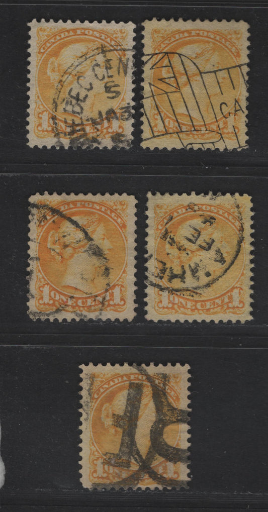 Lot 317 Canada  #35 1c Yellow, Deep Yellow & Dull Yellow Queen Victoria, 1870-1897 Small Queen Issue, 5 VF Used Singles Mid & Late Second Ottawa Printings On Paper Types 2O-E, 2O-L, 2O-Q and 2O-R, See Page On Small Queen Papers For Details