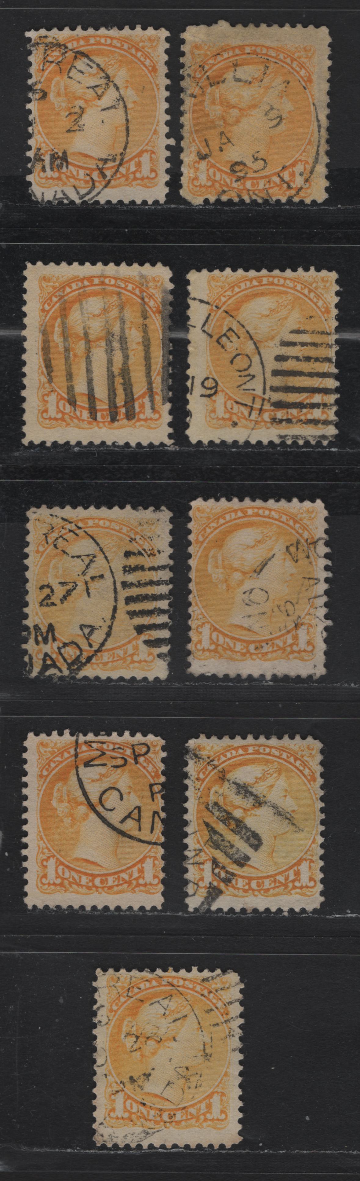 Lot 321 Canada  #35 1c Yellow, Pale Yellow, & Bright Yellow Queen Victoria, 1870-1897 Small Queen Issue, 9 Fine Used Singles Late Second Ottawa Printings On Paper Type 2O-S, See Page On Small Queen Papers For Details