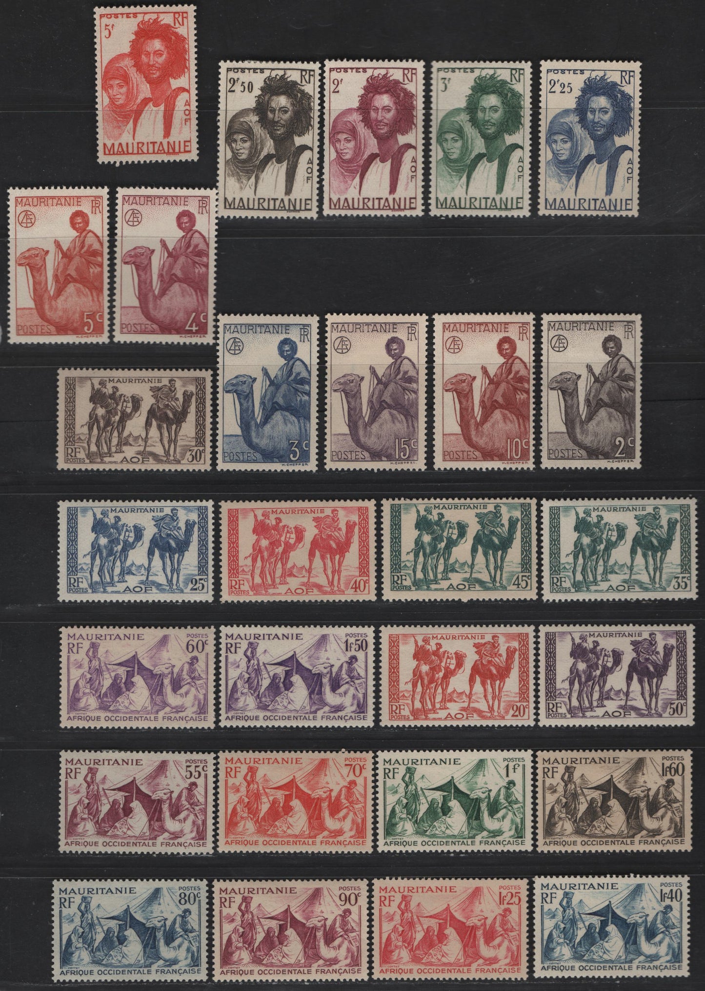 Lot 42 Mauritania SC#76/106 2c - 5fr Violet Black - Scarlet Camel Rider - Mauri Couple, 1938-1940 Pictorial Definitive Issue, 28 VFOG Singles