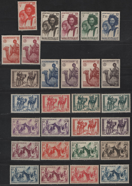 Lot 42 Mauritania SC#76/106 2c - 5fr Violet Black - Scarlet Camel Rider - Mauri Couple, 1938-1940 Pictorial Definitive Issue, 28 VFOG Singles