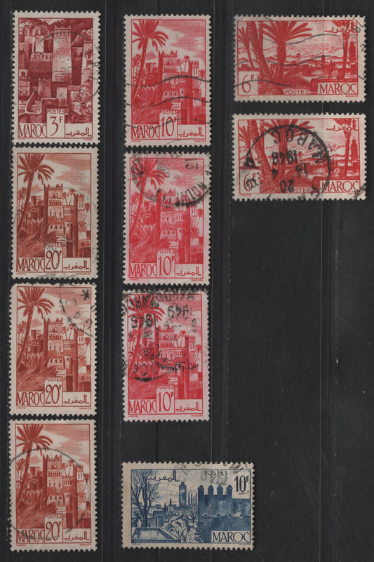 French Morocco SC#228, 231, 234, 240-241 3fr - 10fr Brown Red - Carmine Rose Mountain District - Ouarzazat District, 1947-1949 Pictorial Issues, 10 Very Fine Used Singles