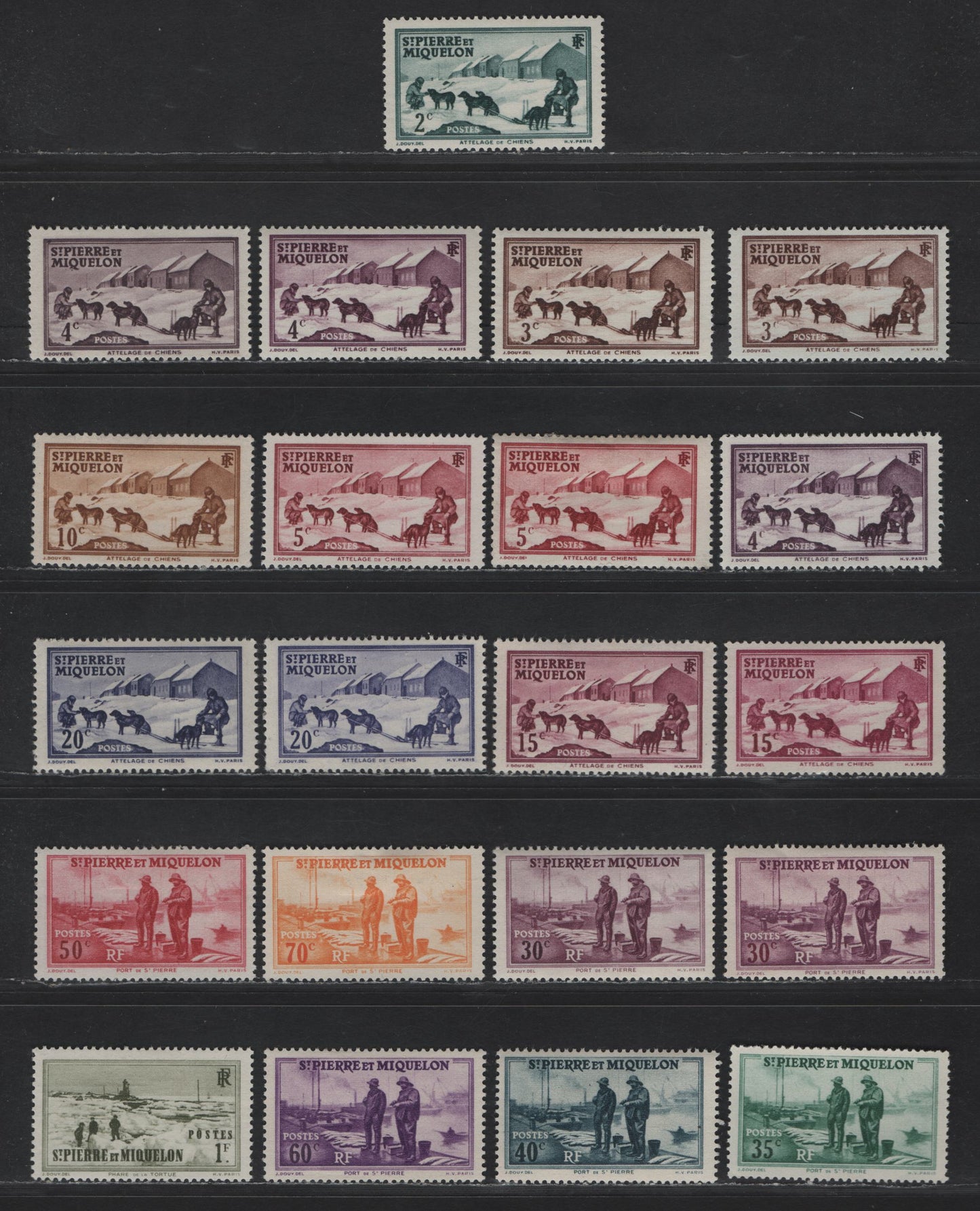 Lot 94 St Pierre & Miquelon SC#172/192 2c - 1fr Dark Blue Green - Pale Olive Green Dog Team - Tortue Lighthouse, 1938-1940 Photogravure Pictorial Issue, 21 F/VFOG Singles