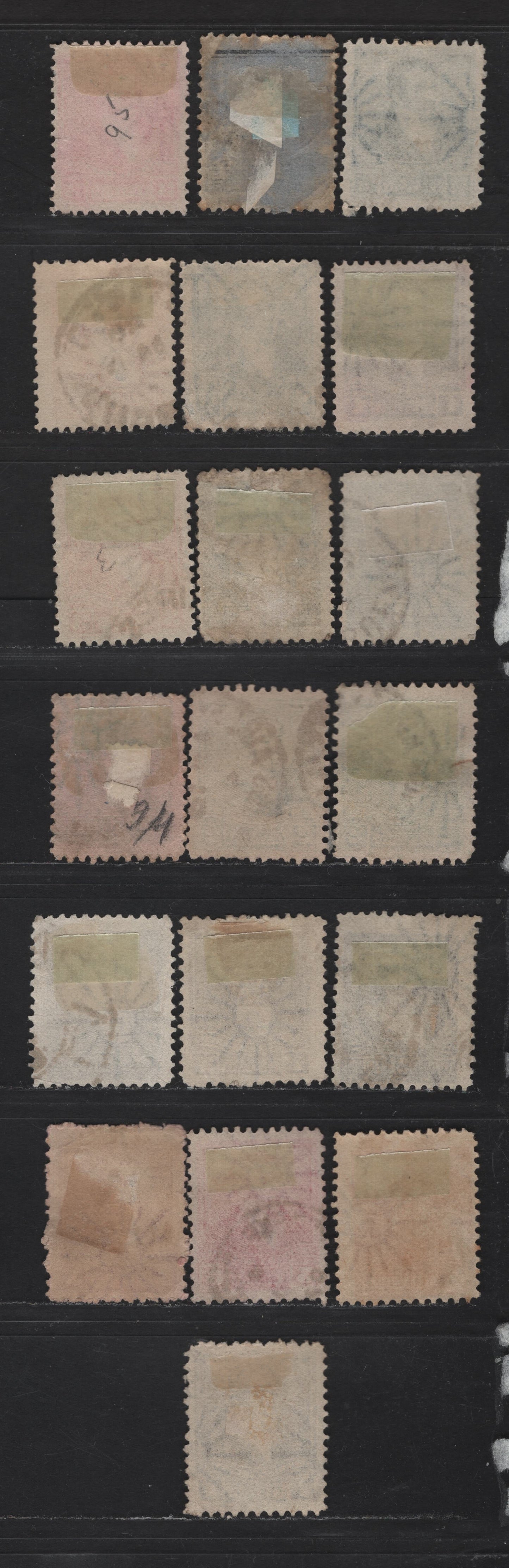 Lot 10 Argentina SC#106b, 107-112, 114-117, 106Eb, 109E,107E, 112E 1/2c - 80c Indigo - Dull Violet Rividavia, Belgreno & San Martin, 1896-1897 Rividavia, Belgreno & San Martin Issue, 19 Fine/Very Fine Used Singles, Perfs 11.5 & 12, Large Sun Wmk