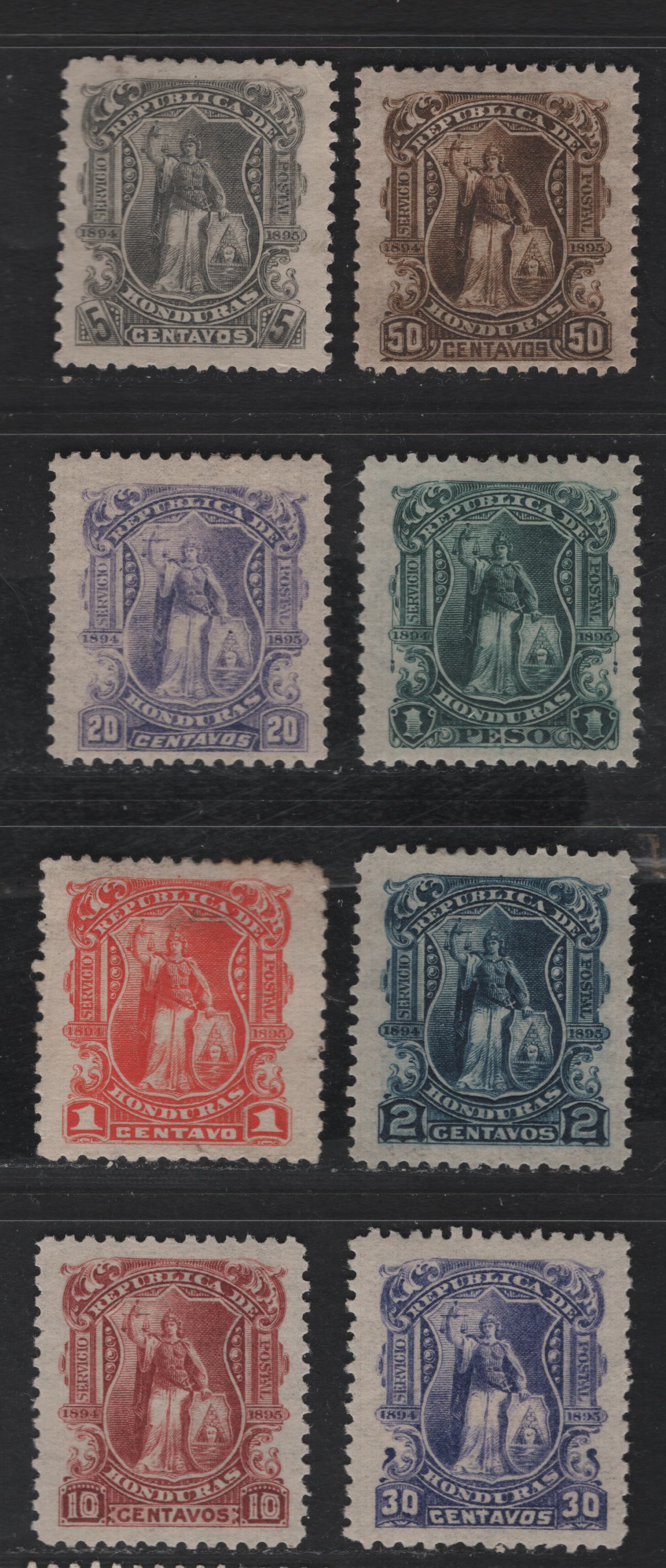 Lot 102 Honduras SC#87-94 1c - 1p Vermillion - Dark Green Justice, 1895 Justice Seebeck Issue, 8 F/VFOG & Unused Singles