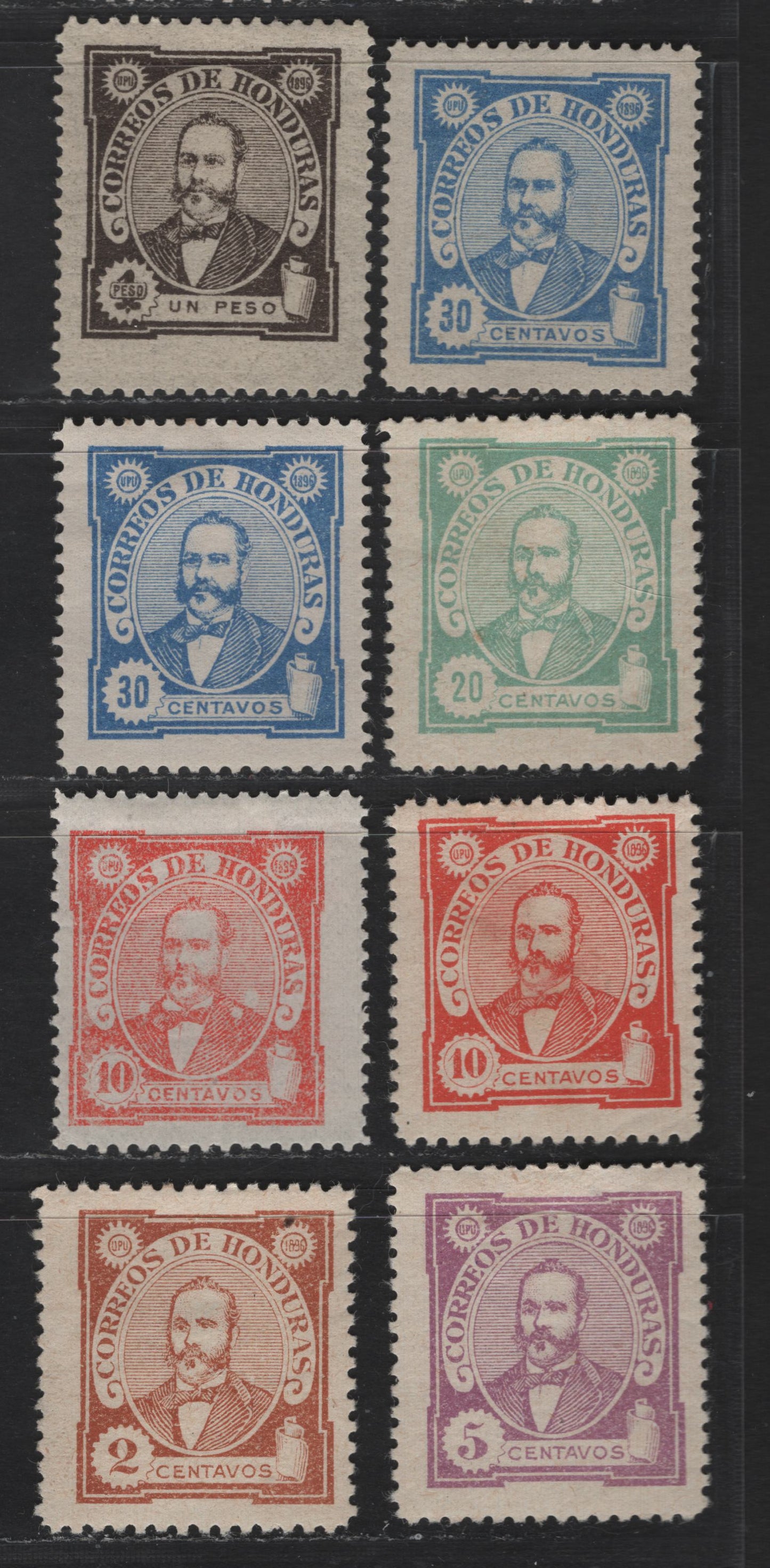 Lot 103 Honduras SC#96-100, 102 2c - 1p Yellow Brown - Black Brown President Celio Arias, 1896 President Celio Arias Issue, 8 F/VFOG Singles, Includes 2 Shades of 30c & Vermillion & Red 10c, Genuine, Non Counterfeits