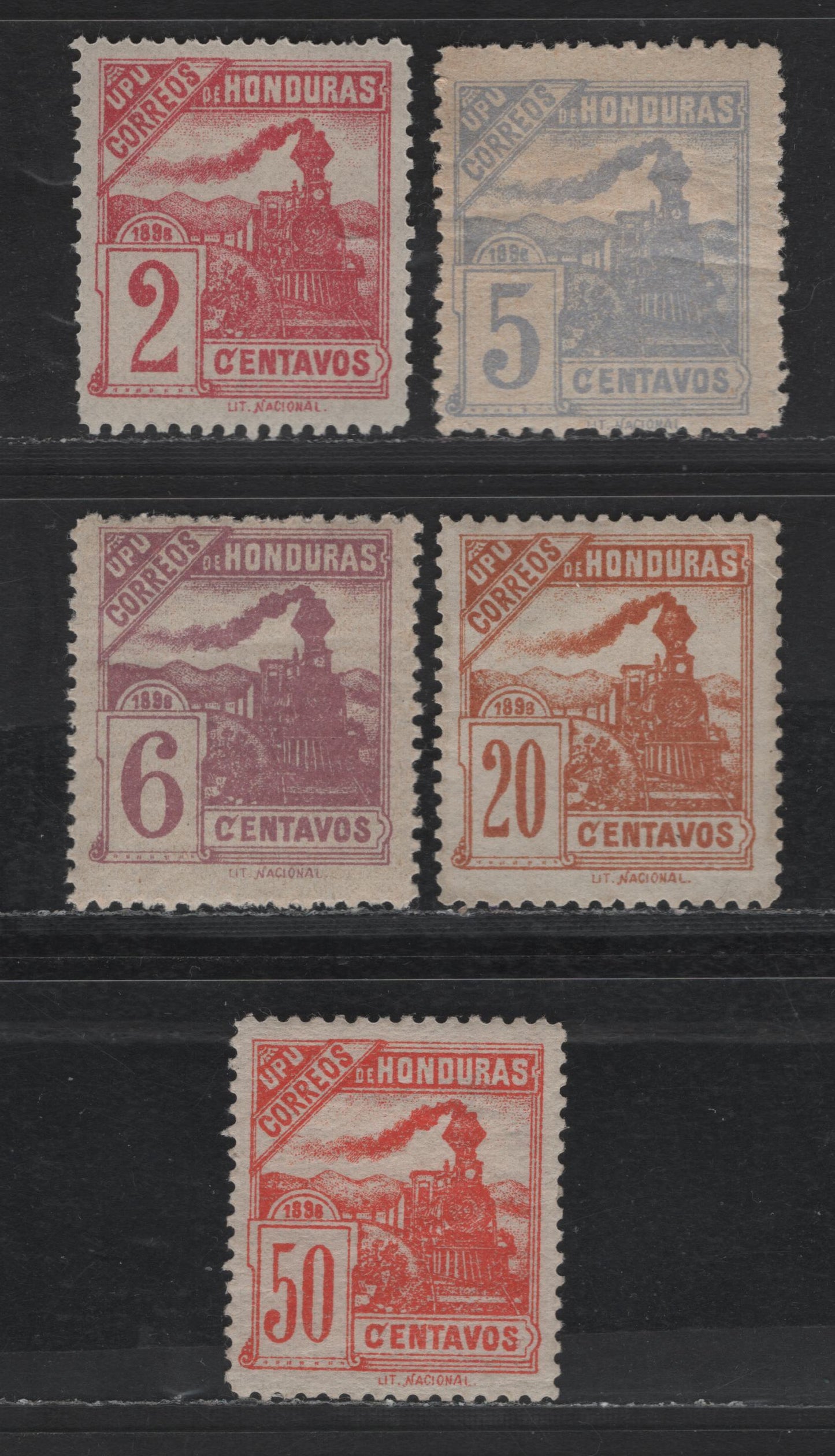 Lot 105 Honduras SC#104, 105a, 106, 108-109 2c - 50c Rose - Orange Red Trains, 1898 Train Definitive Issue, 5 F/VFOG Singles, 5c On Laid Paper, Checked And Confirmed Originals