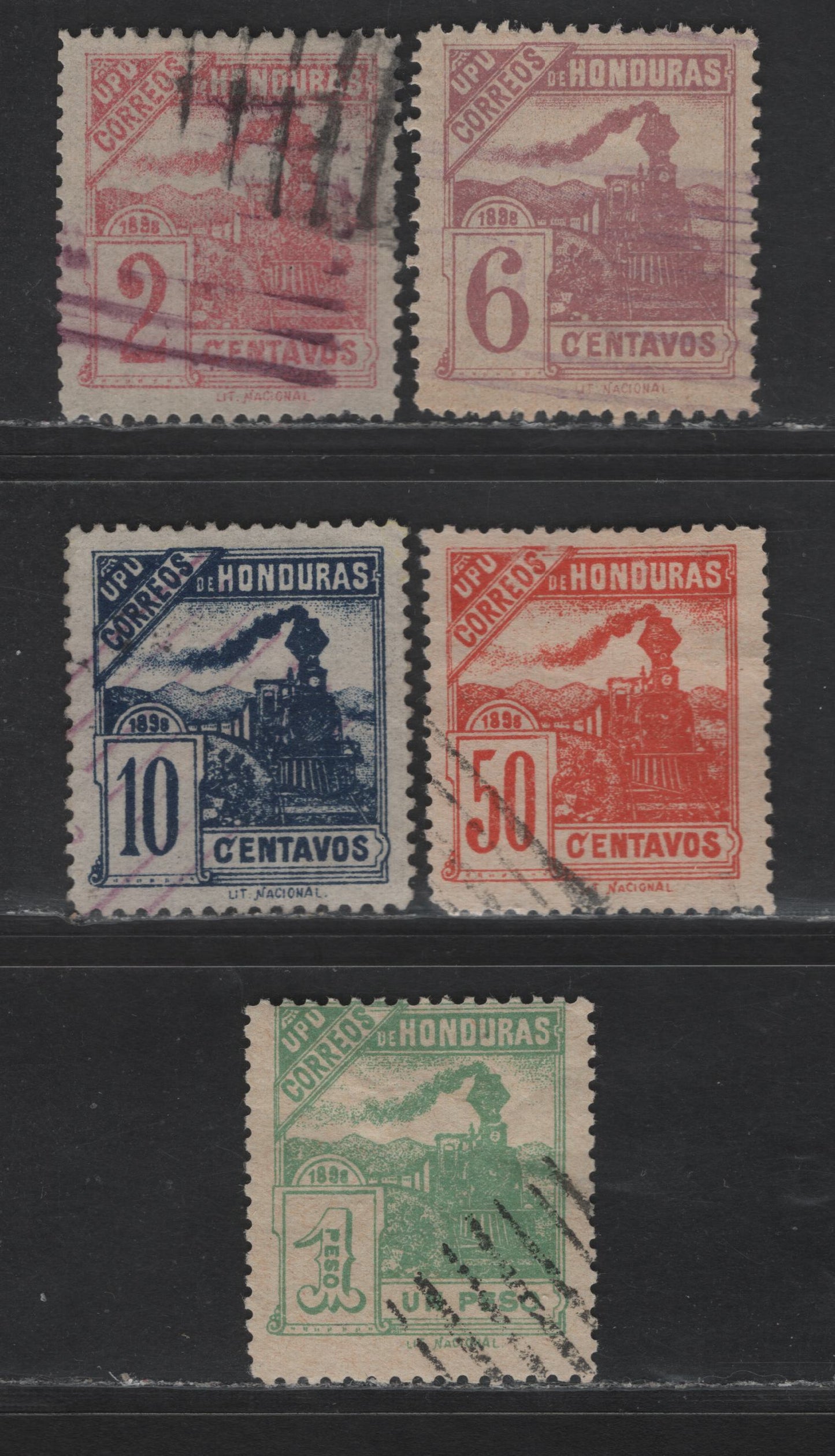 Lot 106 Honduras SC#104, 106a, 107, 109-110 2c - 1p Rose - Blue Trains, 1898 Train Definitive Issue, 5 Fine/Very Fine Used Singles, All Checked & Are Originals, 6c On Laid Paper