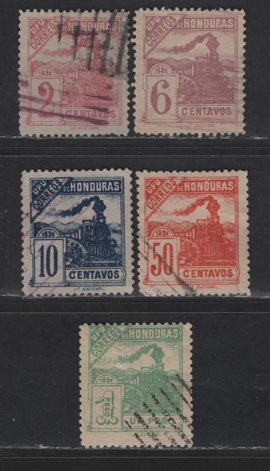Lot 106 Honduras SC#104, 106a, 107, 109-110 2c - 1p Rose - Blue Trains, 1898 Train Definitive Issue, 5 Fine/Very Fine Used Singles, All Checked & Are Originals, 6c On Laid Paper