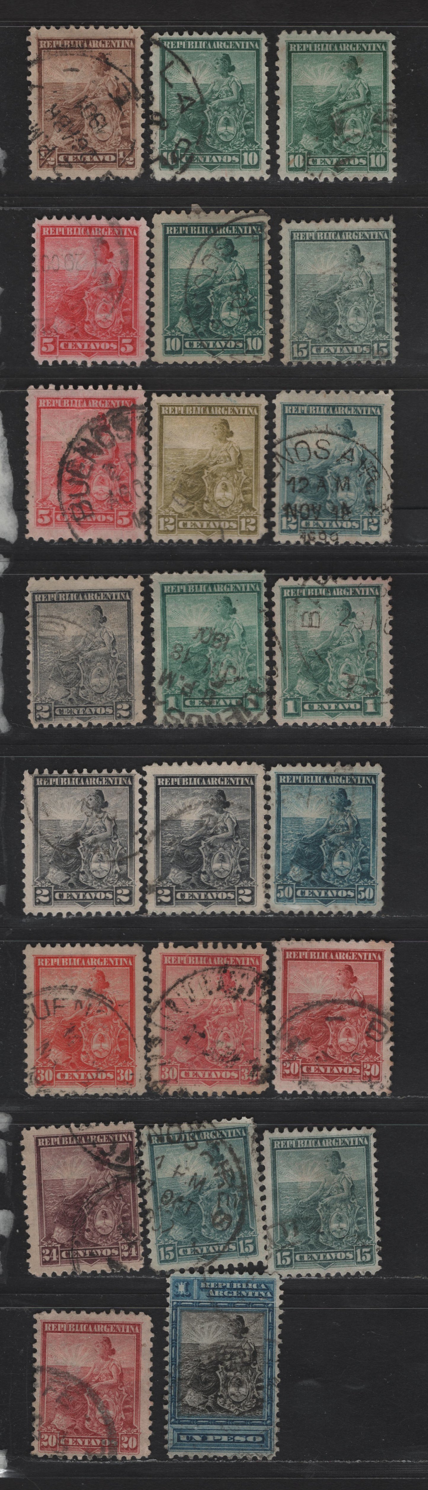Lot 11 Argentina SC#122-124, 127, 134-135, 137-139 1/2c - 1p Yellow Brown - Black & Blue Seated Liberty, 1899-1903 Seated Liberty Issue, 23 Fine/Very Fine Used Singles, Perf 11.5, Includes Shade Varieties