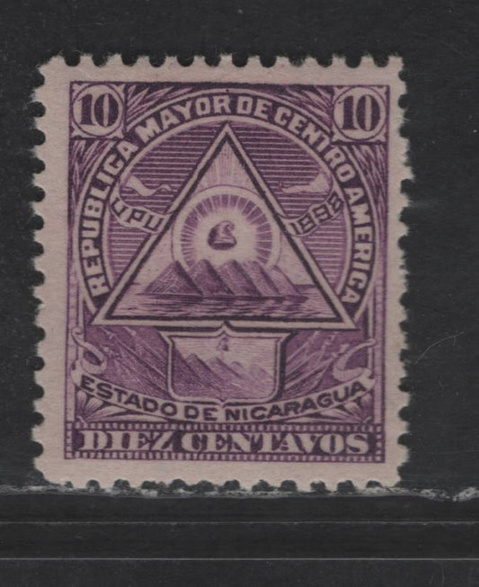 Nicaragua SC#109G 10c Violet Arms, 1898 Coat of Arms Issue, A FOG Single, Medium Horizontal Wove, So Original Printing, Reprints Are On Thick Vertical Wove